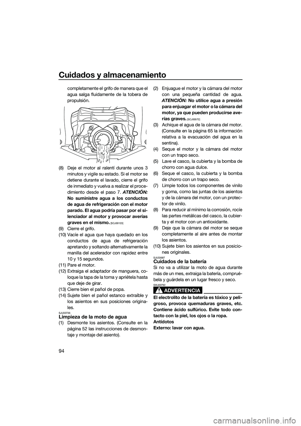 YAMAHA FX HO 2015 Manuale de Empleo (in Spanish) Cuidados y almacenamiento
94
completamente el grifo de manera que el
agua salga fluidamente de la tobera de
propulsión.
(8) Deje el motor al ralentí durante unos 3 minutos y vigile su estado. Si el YAMAHA FX HO 2015 Manuale de Empleo (in Spanish) Cuidados y almacenamiento
94
completamente el grifo de manera que el
agua salga fluidamente de la tobera de
propulsión.
(8) Deje el motor al ralentí durante unos 3 minutos y vigile su estado. Si el