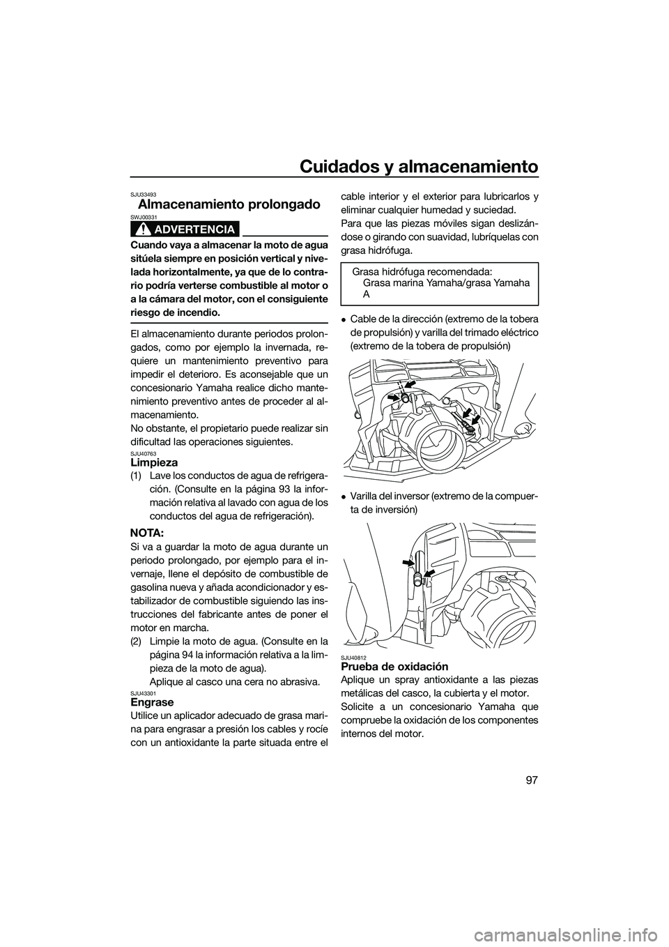 YAMAHA FX HO 2015 Manuale de Empleo (in Spanish) Cuidados y almacenamiento
97
SJU33493
Almacenamiento prolongado
ADVERTENCIA
SWJ00331
Cuando vaya a almacenar la moto de agua
sitúela siempre en posición vertical y nive-
lada horizontalmente, ya que YAMAHA FX HO 2015 Manuale de Empleo (in Spanish) Cuidados y almacenamiento
97
SJU33493
Almacenamiento prolongado
ADVERTENCIA
SWJ00331
Cuando vaya a almacenar la moto de agua
sitúela siempre en posición vertical y nive-
lada horizontalmente, ya que