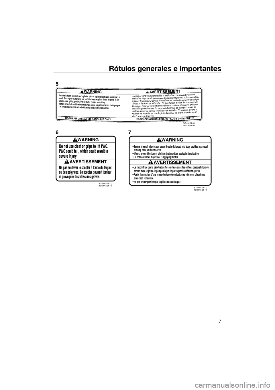 YAMAHA FX HO 2015  Manuale de Empleo (in Spanish) Rótulos generales e importantes
7
F1S-U415B-11 
F1B-U415B-11
(F1S-U41E1-11) 
(F2S-U41E1-10)(F1S-U41E1-11) 
(F2S-U41E1-10)
5
67
UF2T74S0.book  Page 7  Thursday, June 26, 2014  9:14 AM 