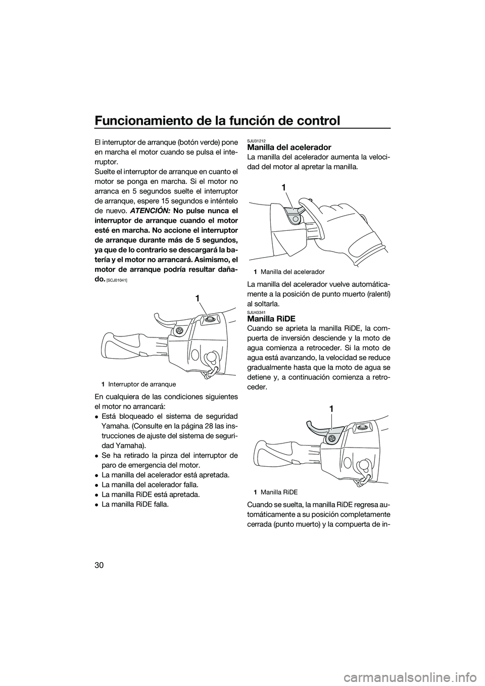 YAMAHA FX HO 2015  Manuale de Empleo (in Spanish) Funcionamiento de la función de control
30
El interruptor de arranque (botón verde) pone
en marcha el motor cuando se pulsa el inte-
rruptor.
Suelte el interruptor de arranque en cuanto el
motor se 