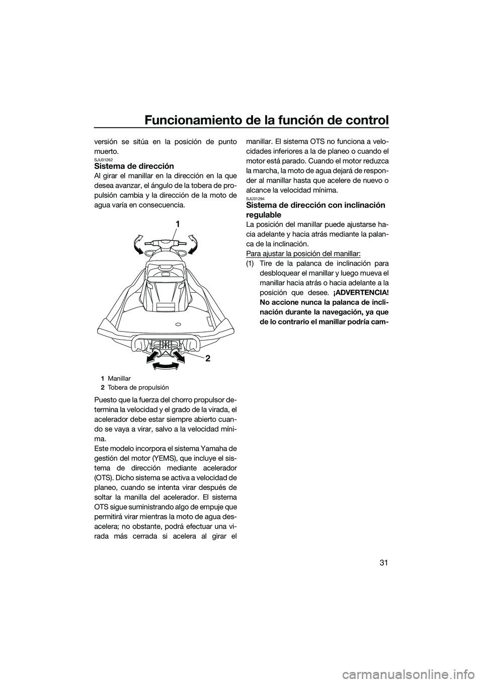YAMAHA FX HO 2015  Manuale de Empleo (in Spanish) Funcionamiento de la función de control
31
versión se sitúa en la posición de punto
muerto.
SJU31262Sistema de dirección
Al girar el manillar en la dirección en la que
desea avanzar, el ángulo 