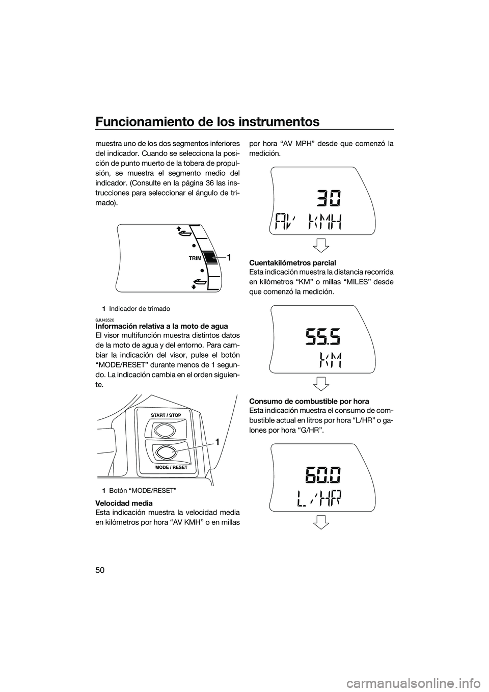 YAMAHA FX HO 2015 Manuale de Empleo (in Spanish) Funcionamiento de los instrumentos
50
muestra uno de los dos segmentos inferiores
del indicador. Cuando se selecciona la posi-
ción de punto muerto de la tobera de propul-
sión, se muestra el segmen YAMAHA FX HO 2015 Manuale de Empleo (in Spanish) Funcionamiento de los instrumentos
50
muestra uno de los dos segmentos inferiores
del indicador. Cuando se selecciona la posi-
ción de punto muerto de la tobera de propul-
sión, se muestra el segmen