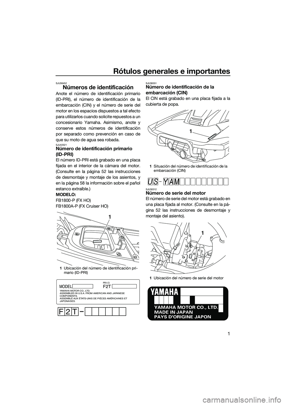 YAMAHA FX HO 2015  Manuale de Empleo (in Spanish) Rótulos generales e importantes
1
SJU36452
Números de identificación
Anote el número de identificación primario
(ID-PRI), el número de identificación de la
embarcación (CIN) y el número de se
