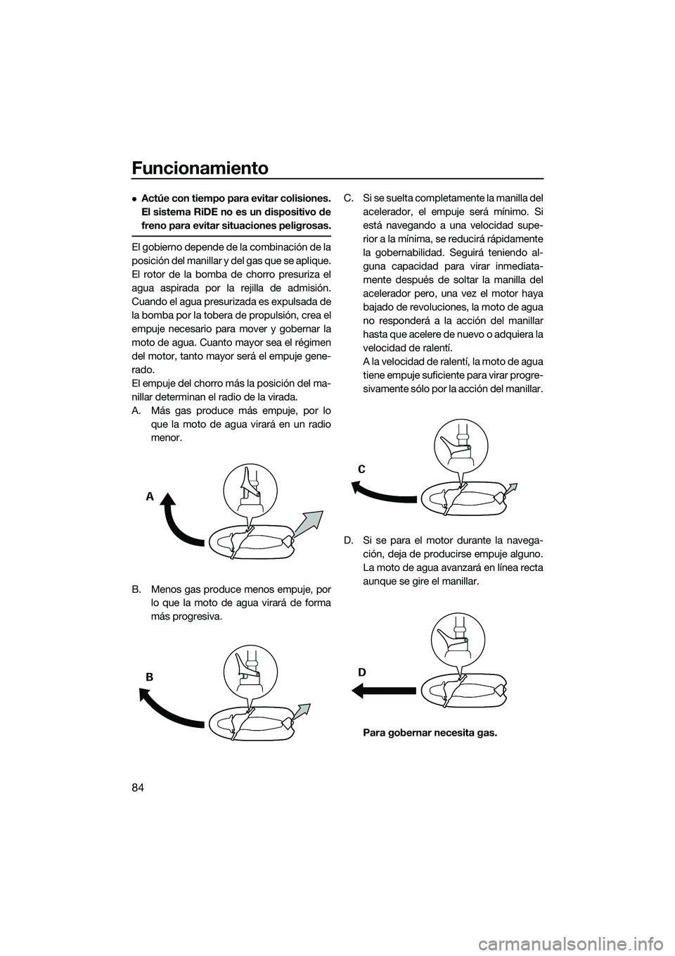 YAMAHA FX HO 2015 Manuale de Empleo (in Spanish) Funcionamiento
84
Actúe con tiempo para evitar colisiones.
El sistema RiDE no es un dispositivo de
freno para evitar situaciones peligrosas.
El gobierno depende de la combinación de la
posición YAMAHA FX HO 2015 Manuale de Empleo (in Spanish) Funcionamiento
84
Actúe con tiempo para evitar colisiones.
El sistema RiDE no es un dispositivo de
freno para evitar situaciones peligrosas.
El gobierno depende de la combinación de la
posición