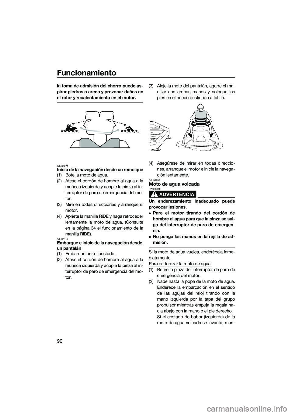 YAMAHA FX HO 2015 Manuale de Empleo (in Spanish) Funcionamiento
90
la toma de admisión del chorro puede as-
pirar piedras o arena y provocar daños en
el rotor y recalentamiento en el motor.
SJU43271Inicio de la navegación desde un remolque
(1) Bo YAMAHA FX HO 2015 Manuale de Empleo (in Spanish) Funcionamiento
90
la toma de admisión del chorro puede as-
pirar piedras o arena y provocar daños en
el rotor y recalentamiento en el motor.
SJU43271Inicio de la navegación desde un remolque
(1) Bo