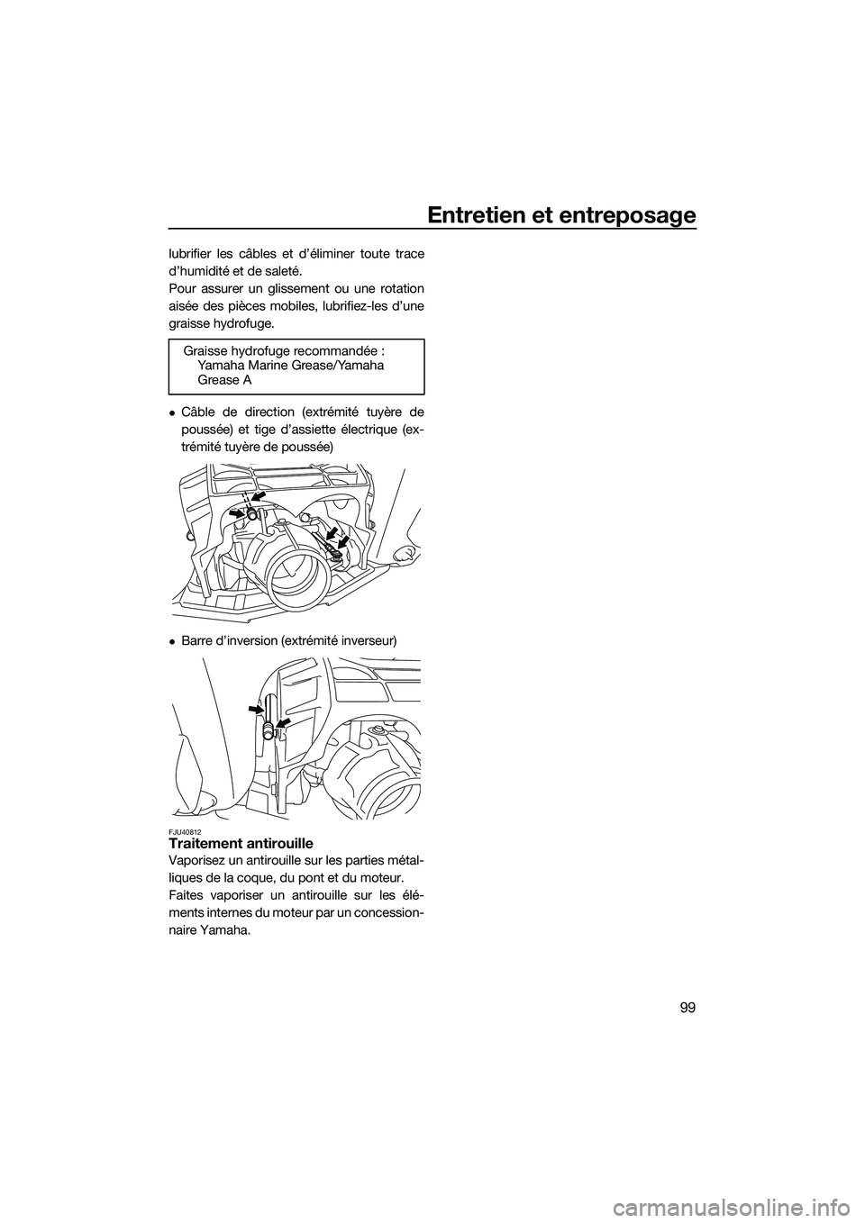 YAMAHA FX HO 2015 Notices Demploi (in French) Entretien et entreposage
99
lubrifier les câbles et d’éliminer toute trace
d’humidité et de saleté.
Pour assurer un glissement ou une rotation
aisée des pièces mobiles, lubrifiez-les d’une YAMAHA FX HO 2015 Notices Demploi (in French) Entretien et entreposage
99
lubrifier les câbles et d’éliminer toute trace
d’humidité et de saleté.
Pour assurer un glissement ou une rotation
aisée des pièces mobiles, lubrifiez-les d’une