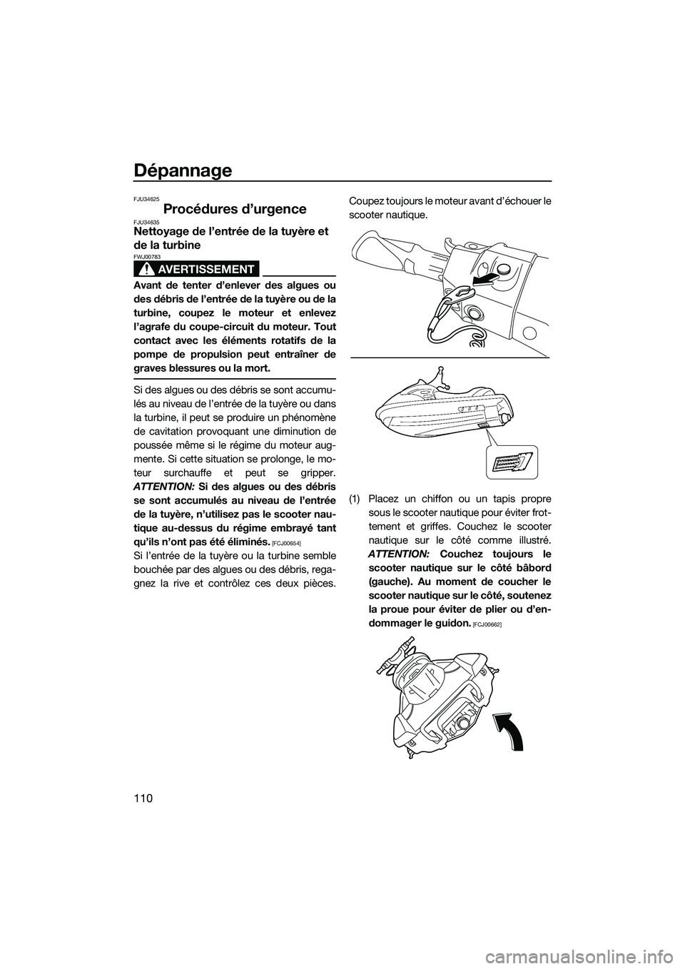 YAMAHA FX HO 2015 Notices Demploi (in French) Dépannage
110
FJU34625
Procédures d’urgenceFJU34635Nettoyage de l’entrée de la tuyère et
de la turbine
AVERTISSEMENT
FWJ00783
Avant de tenter d’enlever des algues ou
des débris de l’entr YAMAHA FX HO 2015 Notices Demploi (in French) Dépannage
110
FJU34625
Procédures d’urgenceFJU34635Nettoyage de l’entrée de la tuyère et
de la turbine
AVERTISSEMENT
FWJ00783
Avant de tenter d’enlever des algues ou
des débris de l’entr
