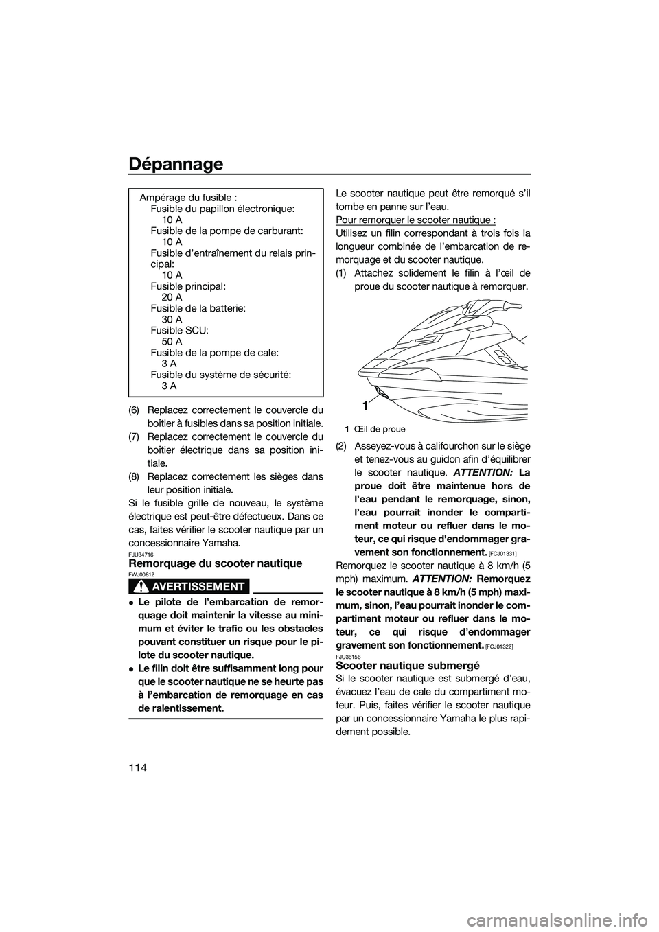 YAMAHA FX HO 2015 Notices Demploi (in French) Dépannage
114
(6) Replacez correctement le couvercle duboîtier à fusibles dans sa position initiale.
(7) Replacez correctement le couvercle du boîtier électrique dans sa position ini-
tiale.
(8) YAMAHA FX HO 2015 Notices Demploi (in French) Dépannage
114
(6) Replacez correctement le couvercle duboîtier à fusibles dans sa position initiale.
(7) Replacez correctement le couvercle du boîtier électrique dans sa position ini-
tiale.
(8)