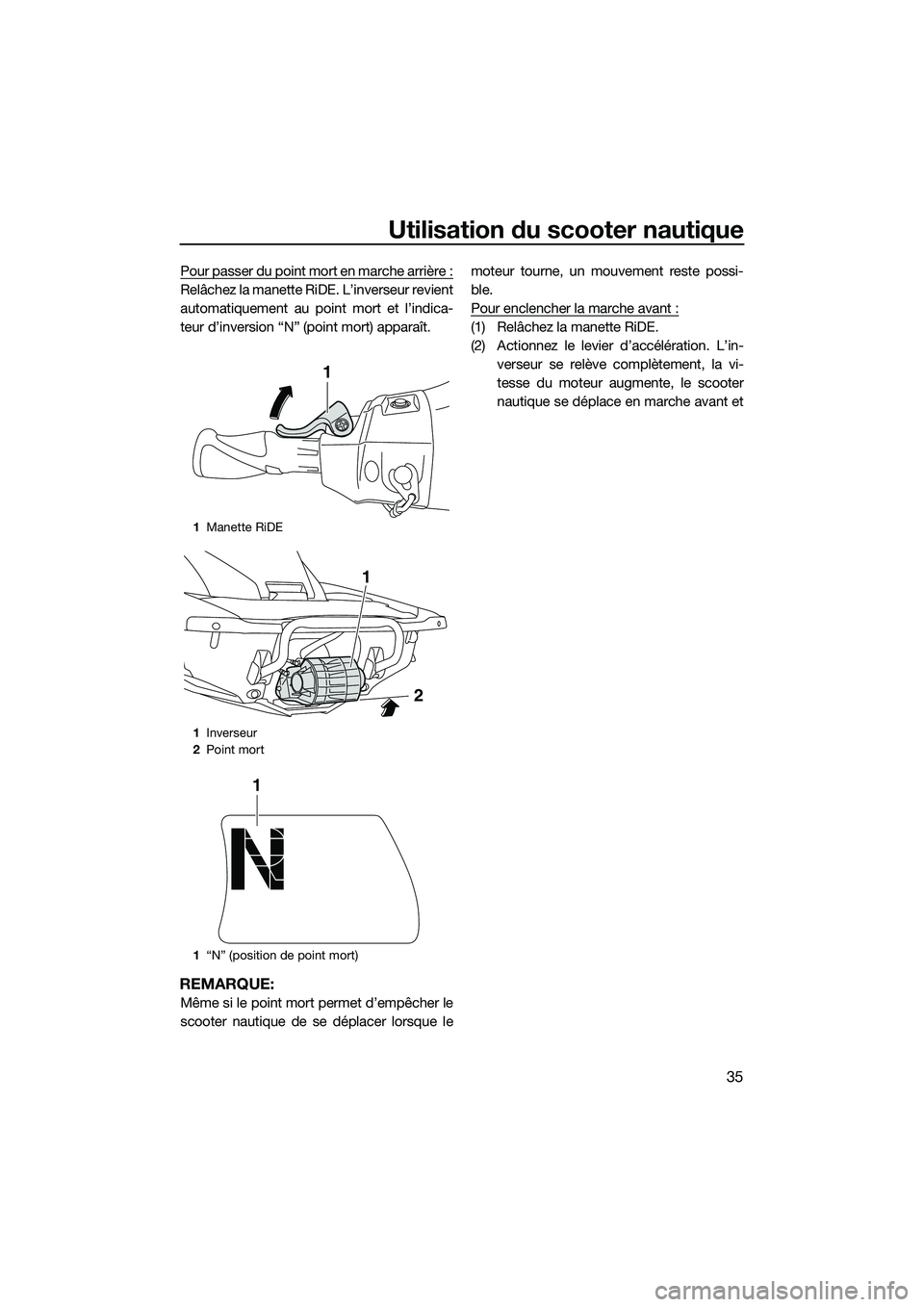 YAMAHA FX HO 2015 Notices Demploi (in French) Utilisation du scooter nautique
35
Pour passer du point mort en marche arrière :
Relâchez la manette RiDE. L’inverseur revient
automatiquement au point mort et l’indica-
teur d’inversion “N YAMAHA FX HO 2015 Notices Demploi (in French) Utilisation du scooter nautique
35
Pour passer du point mort en marche arrière :
Relâchez la manette RiDE. L’inverseur revient
automatiquement au point mort et l’indica-
teur d’inversion “N