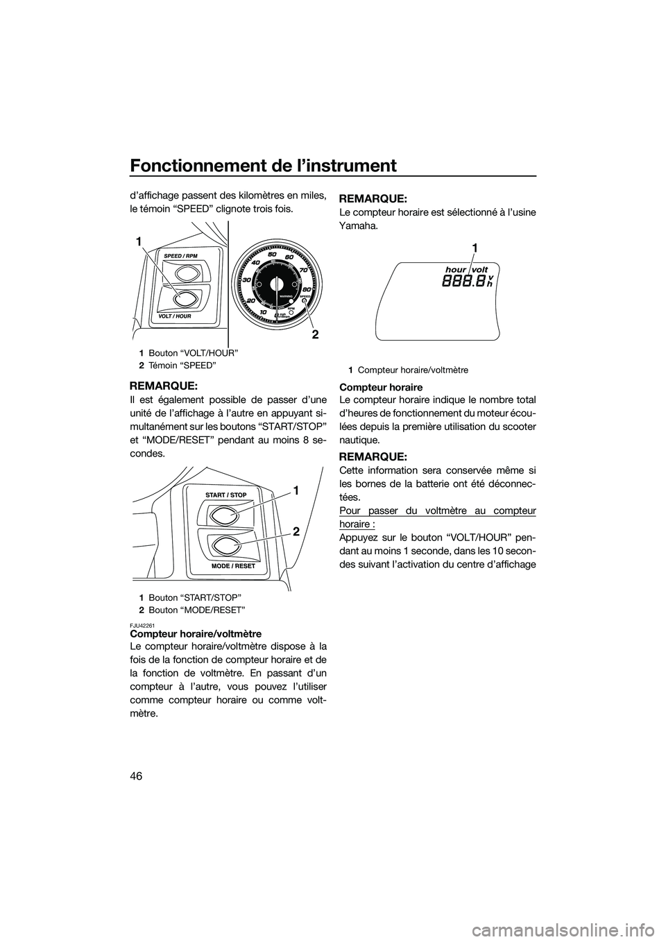 YAMAHA FX HO 2015 Notices Demploi (in French) Fonctionnement de l’instrument
46
d’affichage passent des kilomètres en miles,
le témoin “SPEED” clignote trois fois.
REMARQUE:
Il est également possible de passer d’une
unité de l’aff YAMAHA FX HO 2015 Notices Demploi (in French) Fonctionnement de l’instrument
46
d’affichage passent des kilomètres en miles,
le témoin “SPEED” clignote trois fois.
REMARQUE:
Il est également possible de passer d’une
unité de l’aff