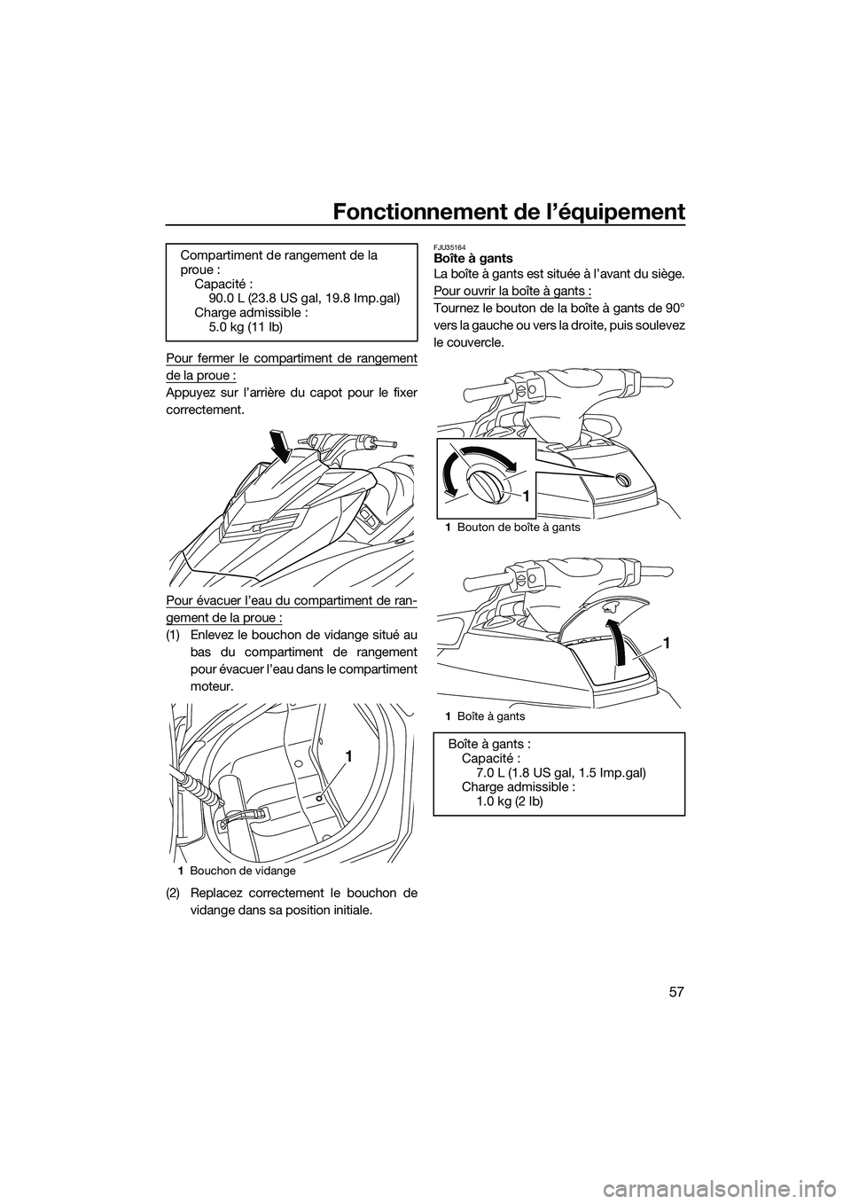 YAMAHA FX HO 2015 Notices Demploi (in French) Fonctionnement de l’équipement
57
Pour fermer le compartiment de rangement
de la proue :
Appuyez sur l’arrière du capot pour le fixer
correctement.
Pour évacuer l’eau du compartiment de ran-
YAMAHA FX HO 2015 Notices Demploi (in French) Fonctionnement de l’équipement
57
Pour fermer le compartiment de rangement
de la proue :
Appuyez sur l’arrière du capot pour le fixer
correctement.
Pour évacuer l’eau du compartiment de ran-
