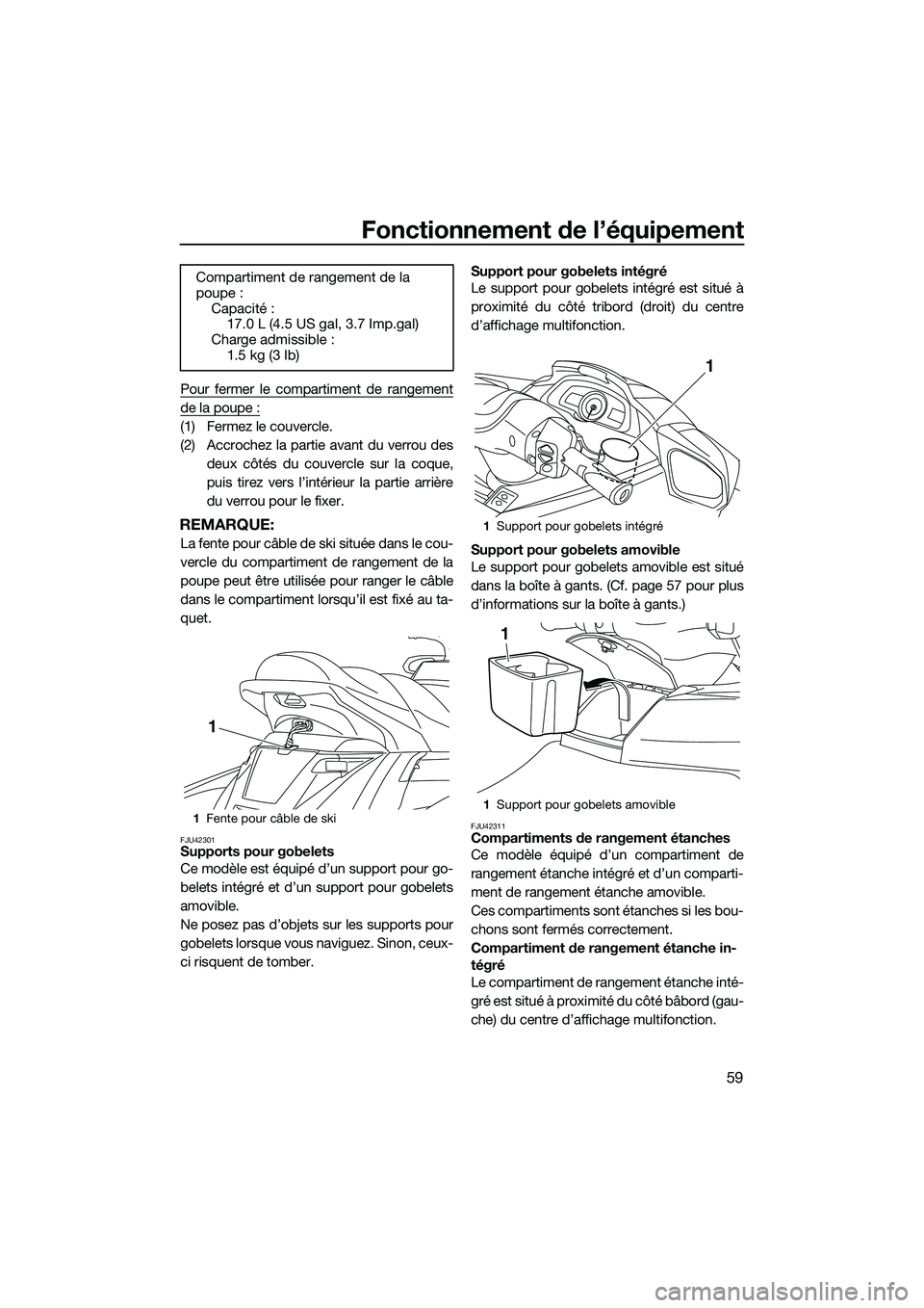 YAMAHA FX HO 2015 Notices Demploi (in French) Fonctionnement de l’équipement
59
Pour fermer le compartiment de rangement
de la poupe :
(1) Fermez le couvercle.
(2) Accrochez la partie avant du verrou desdeux côtés du couvercle sur la coque,
YAMAHA FX HO 2015 Notices Demploi (in French) Fonctionnement de l’équipement
59
Pour fermer le compartiment de rangement
de la poupe :
(1) Fermez le couvercle.
(2) Accrochez la partie avant du verrou desdeux côtés du couvercle sur la coque,