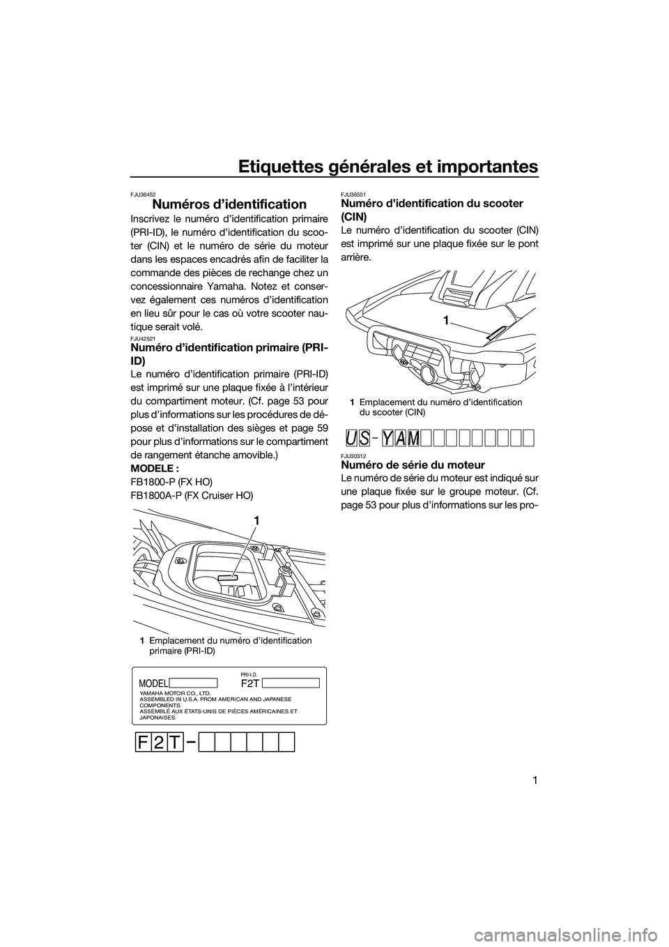 YAMAHA FX HO 2015 Manuale duso (in Italian) Etiquettes générales et importantes
1
FJU36452
Numéros d’identification
Inscrivez le numéro d’identification primaire
(PRI-ID), le numéro d’identification du scoo-
ter (CIN) et le numéro d YAMAHA FX HO 2015 Manuale duso (in Italian) Etiquettes générales et importantes
1
FJU36452
Numéros d’identification
Inscrivez le numéro d’identification primaire
(PRI-ID), le numéro d’identification du scoo-
ter (CIN) et le numéro d