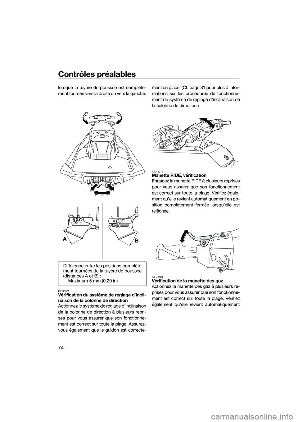 YAMAHA FX HO 2015 Notices Demploi (in French) Contrôles préalables
74
lorsque la tuyère de poussée est complète-
ment tournée vers la droite ou vers la gauche.
FJU40363Vérification du système de réglage d’incli-
naison de la colonne de YAMAHA FX HO 2015 Notices Demploi (in French) Contrôles préalables
74
lorsque la tuyère de poussée est complète-
ment tournée vers la droite ou vers la gauche.
FJU40363Vérification du système de réglage d’incli-
naison de la colonne de