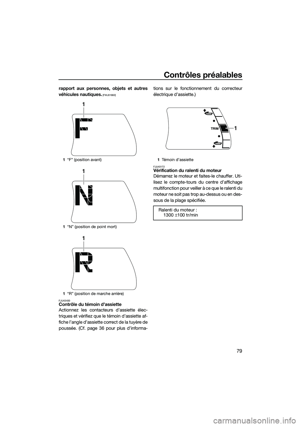 YAMAHA FX HO 2015  Notices Demploi (in French) Contrôles préalables
79
rapport aux personnes, objets et autres
véhicules nautiques.
 [FWJ01860]
FJU43400
Contrôle du témoin d’assiette
Actionnez les contacteurs d’assiette élec-
triques et 