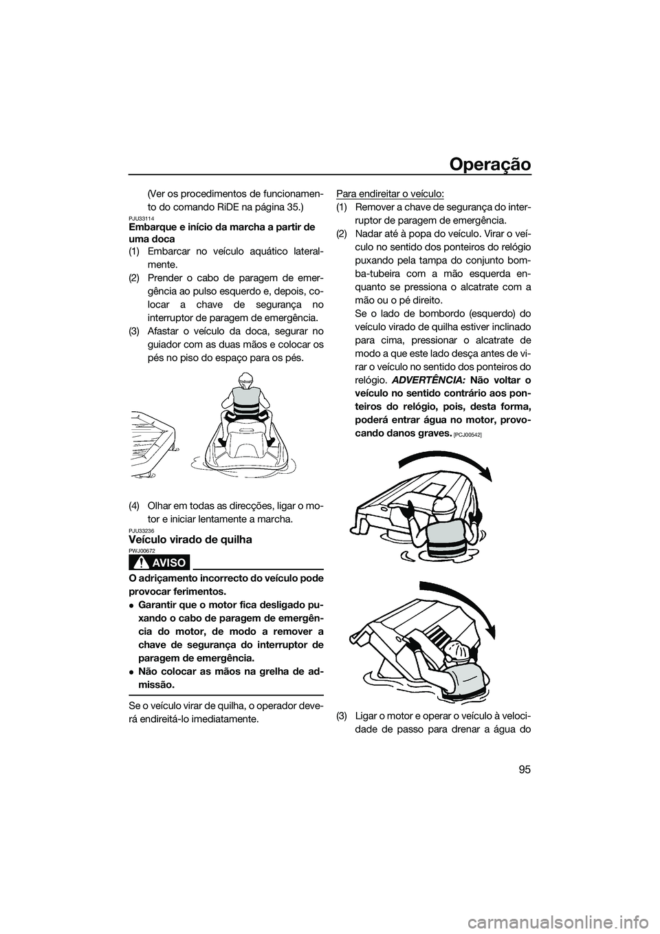 YAMAHA FX HO 2015 Manual de utilização (in Portuguese) Operação
95
(Ver os procedimentos de funcionamen-
to do comando RiDE na página 35.)
PJU33114Embarque e início da marcha a partir de
uma doca
(1) Embarcar no veículo aquático lateral-mente.
(2) YAMAHA FX HO 2015 Manual de utilização (in Portuguese) Operação
95
(Ver os procedimentos de funcionamen-
to do comando RiDE na página 35.)
PJU33114Embarque e início da marcha a partir de
uma doca
(1) Embarcar no veículo aquático lateral-mente.
(2)