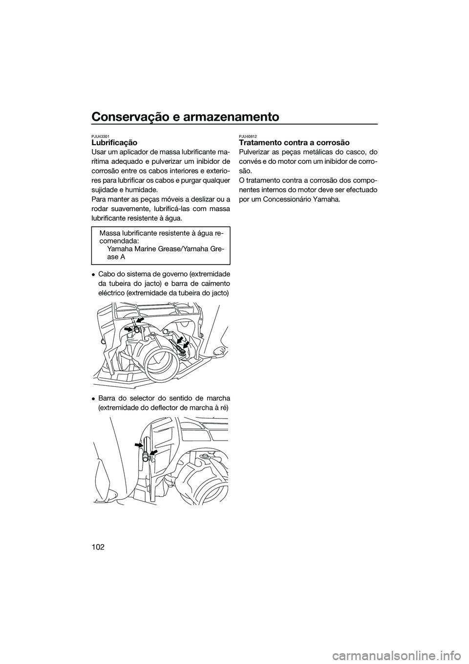 YAMAHA FX HO 2015 Manual de utilização (in Portuguese) Conservação e armazenamento
102
PJU43301Lubrificação
Usar um aplicador de massa lubrificante ma-
rítima adequado e pulverizar um inibidor de
corrosão entre os cabos interiores e exterio-
res par YAMAHA FX HO 2015 Manual de utilização (in Portuguese) Conservação e armazenamento
102
PJU43301Lubrificação
Usar um aplicador de massa lubrificante ma-
rítima adequado e pulverizar um inibidor de
corrosão entre os cabos interiores e exterio-
res par