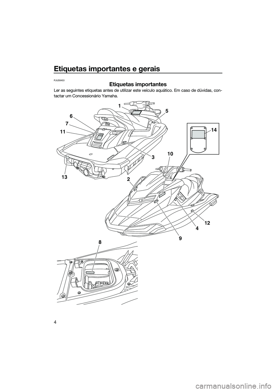YAMAHA FX HO 2015  Manual de utilização (in Portuguese) Etiquetas importantes e gerais
4
PJU30453
Etiquetas importantes
Ler as seguintes etiquetas antes de utilizar este veículo aquático. Em caso de dúvidas, con-
tactar um Concessionário Yamaha.
13
1
1
