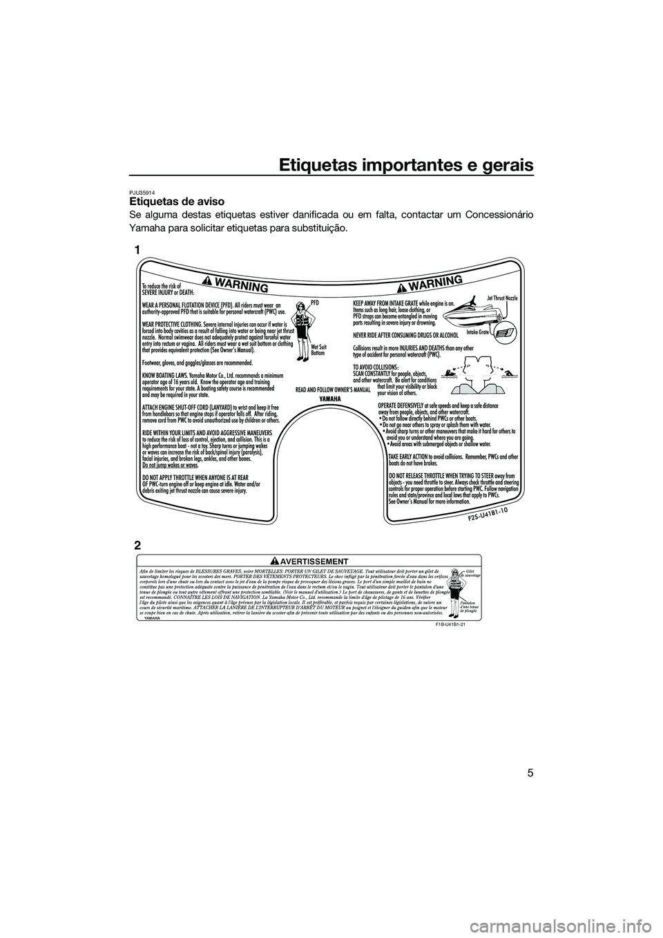 YAMAHA FX HO CRUISER 2015  Manual de utilização (in Portuguese) Etiquetas importantes e gerais
5
PJU35914Etiquetas de aviso
Se alguma destas etiquetas estiver danificada ou em falta, contactar um Concessionário
Yamaha para solicitar etiquetas para substituição.