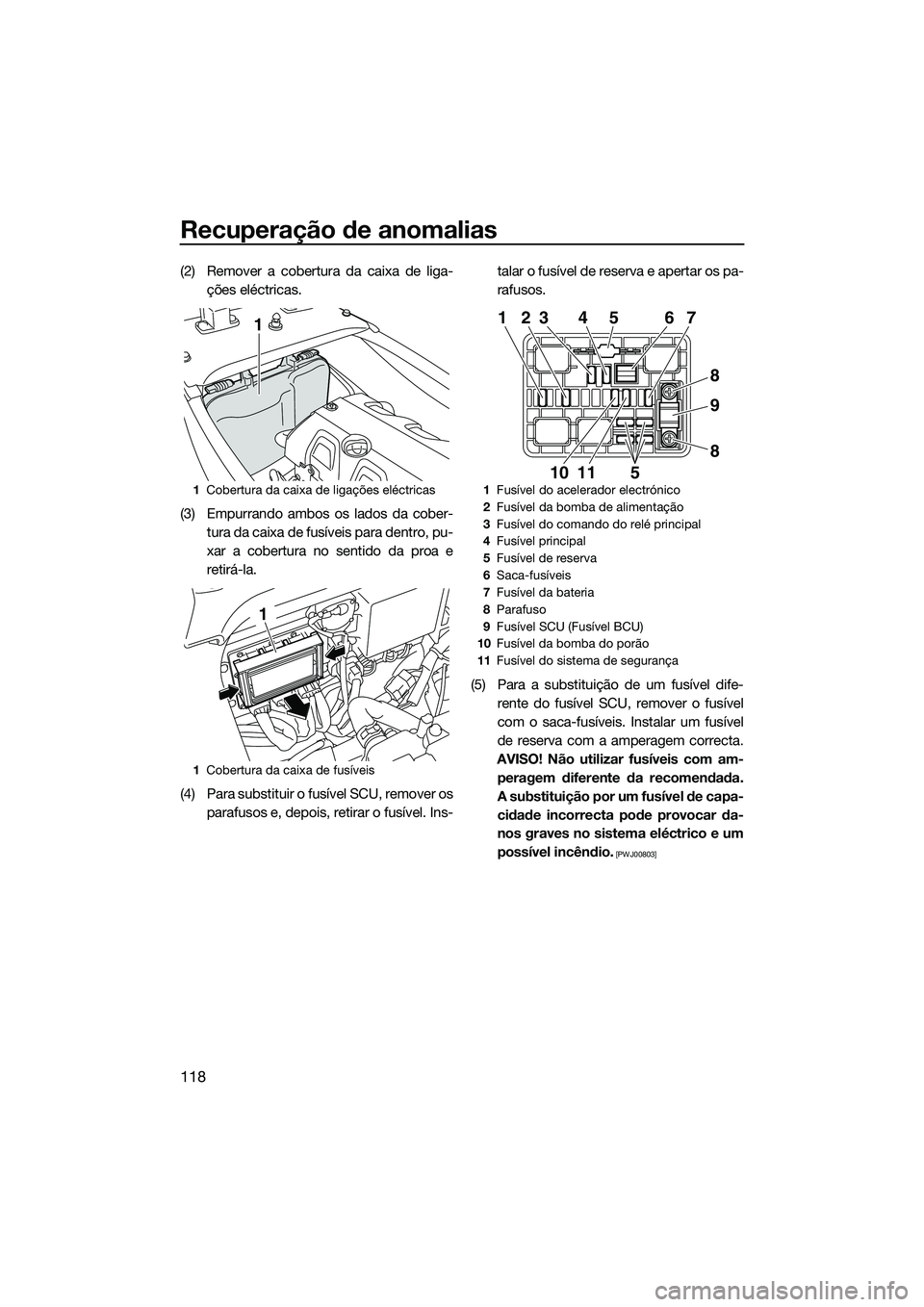 YAMAHA FX HO 2015 Manual de utilização (in Portuguese) Recuperação de anomalias
118
(2) Remover a cobertura da caixa de liga-ções eléctricas.
(3) Empurrando ambos os lados da cober- tura da caixa de fusíveis para dentro, pu-
xar a cobertura no senti YAMAHA FX HO 2015 Manual de utilização (in Portuguese) Recuperação de anomalias
118
(2) Remover a cobertura da caixa de liga-ções eléctricas.
(3) Empurrando ambos os lados da cober- tura da caixa de fusíveis para dentro, pu-
xar a cobertura no senti