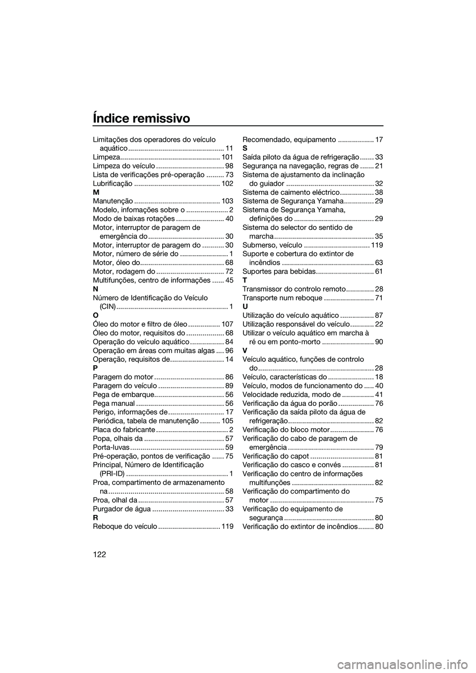 YAMAHA FX HO 2015 Manual de utilização (in Portuguese) Índice remissivo
122
Limitações dos operadores do veículo aquático ................................................ 11
Limpeza.................................................. 101
Limpeza do ve YAMAHA FX HO 2015 Manual de utilização (in Portuguese) Índice remissivo
122
Limitações dos operadores do veículo aquático ................................................ 11
Limpeza.................................................. 101
Limpeza do ve