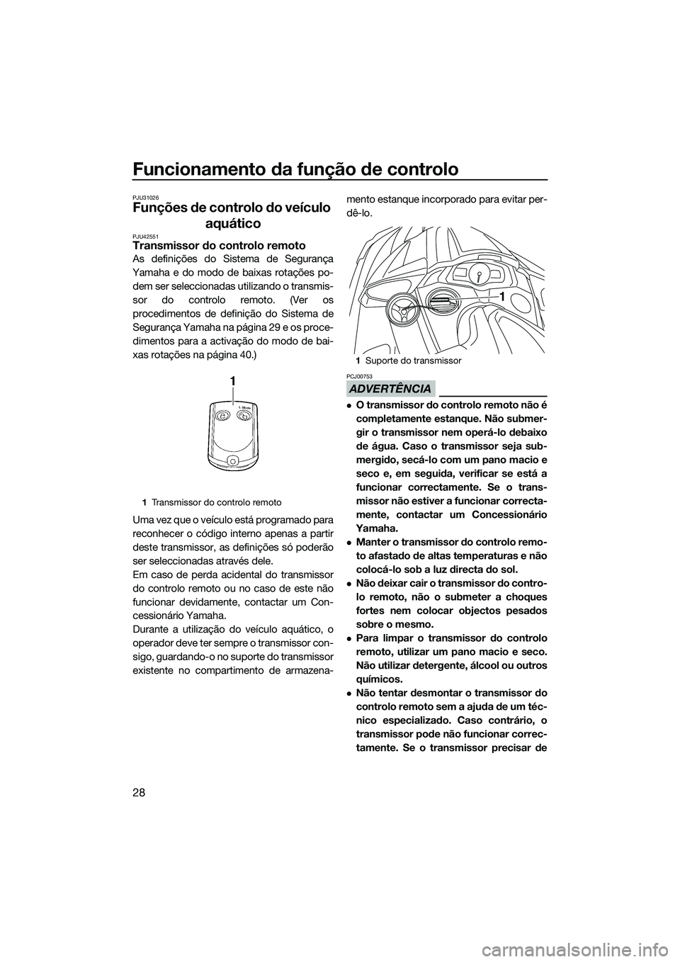 YAMAHA FX HO CRUISER 2015  Manual de utilização (in Portuguese) Funcionamento da função de controlo
28
PJU31026
Funções de controlo do veículo aquático
PJU42551Transmissor do controlo remoto
As definições do Sistema de Segurança
Yamaha e do modo de baixas