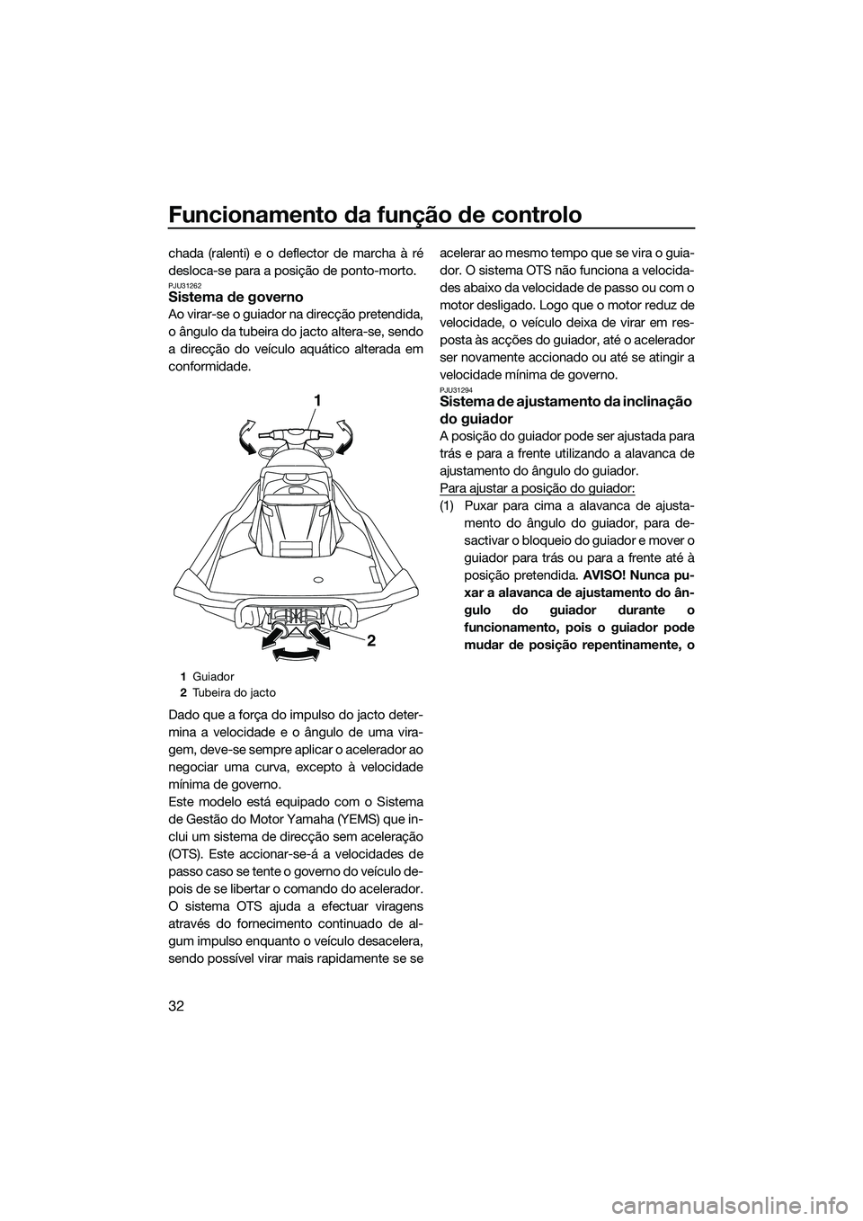 YAMAHA FX HO CRUISER 2015  Manual de utilização (in Portuguese) Funcionamento da função de controlo
32
chada (ralenti) e o deflector de marcha à ré
desloca-se para a posição de ponto-morto.
PJU31262Sistema de governo
Ao virar-se o guiador na direcção prete