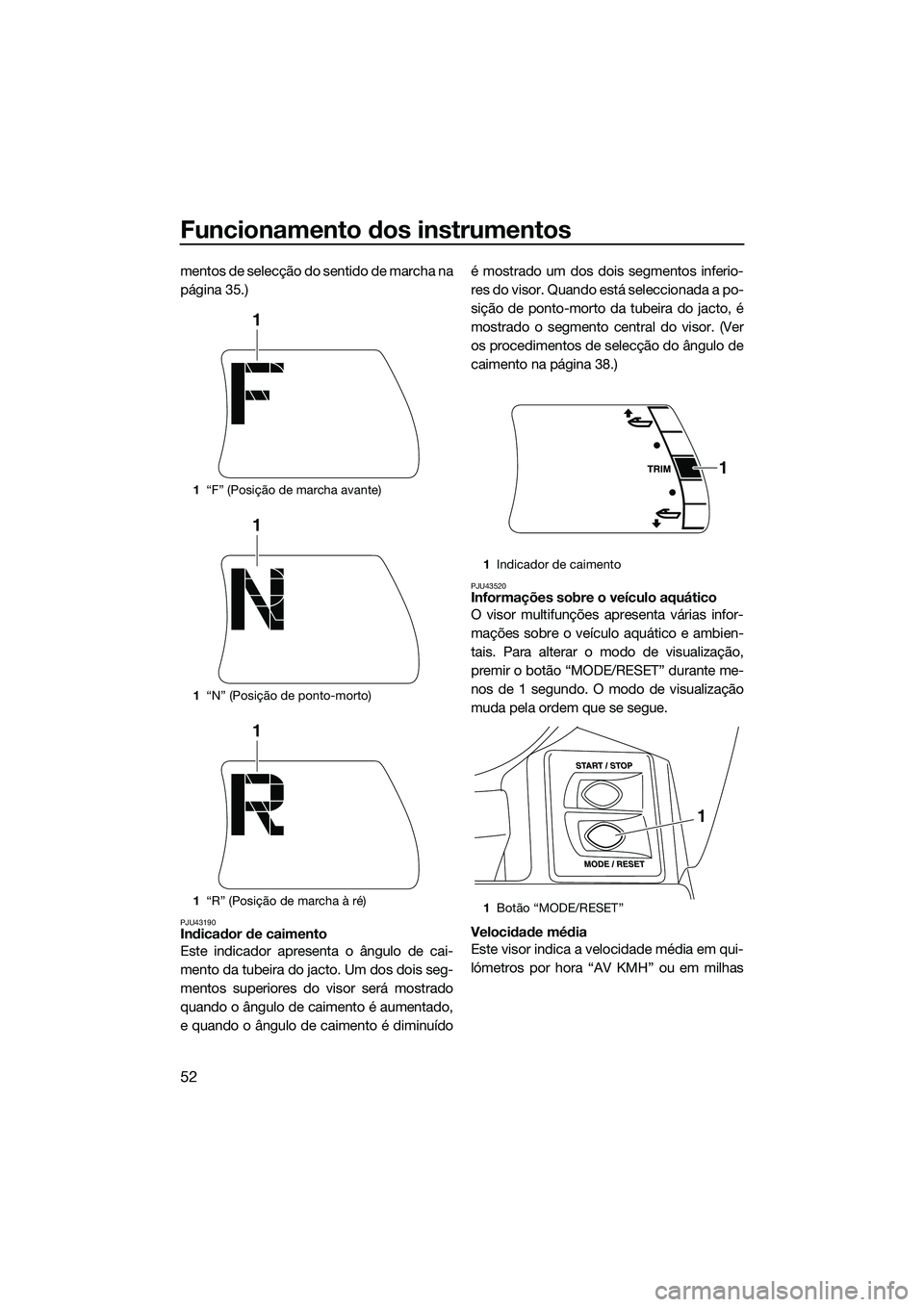 YAMAHA FX HO CRUISER 2015  Manual de utilização (in Portuguese) Funcionamento dos instrumentos
52
mentos de selecção do sentido de marcha na
página 35.)
PJU43190Indicador de caimento
Este indicador apresenta o ângulo de cai-
mento da tubeira do jacto. Um dos d