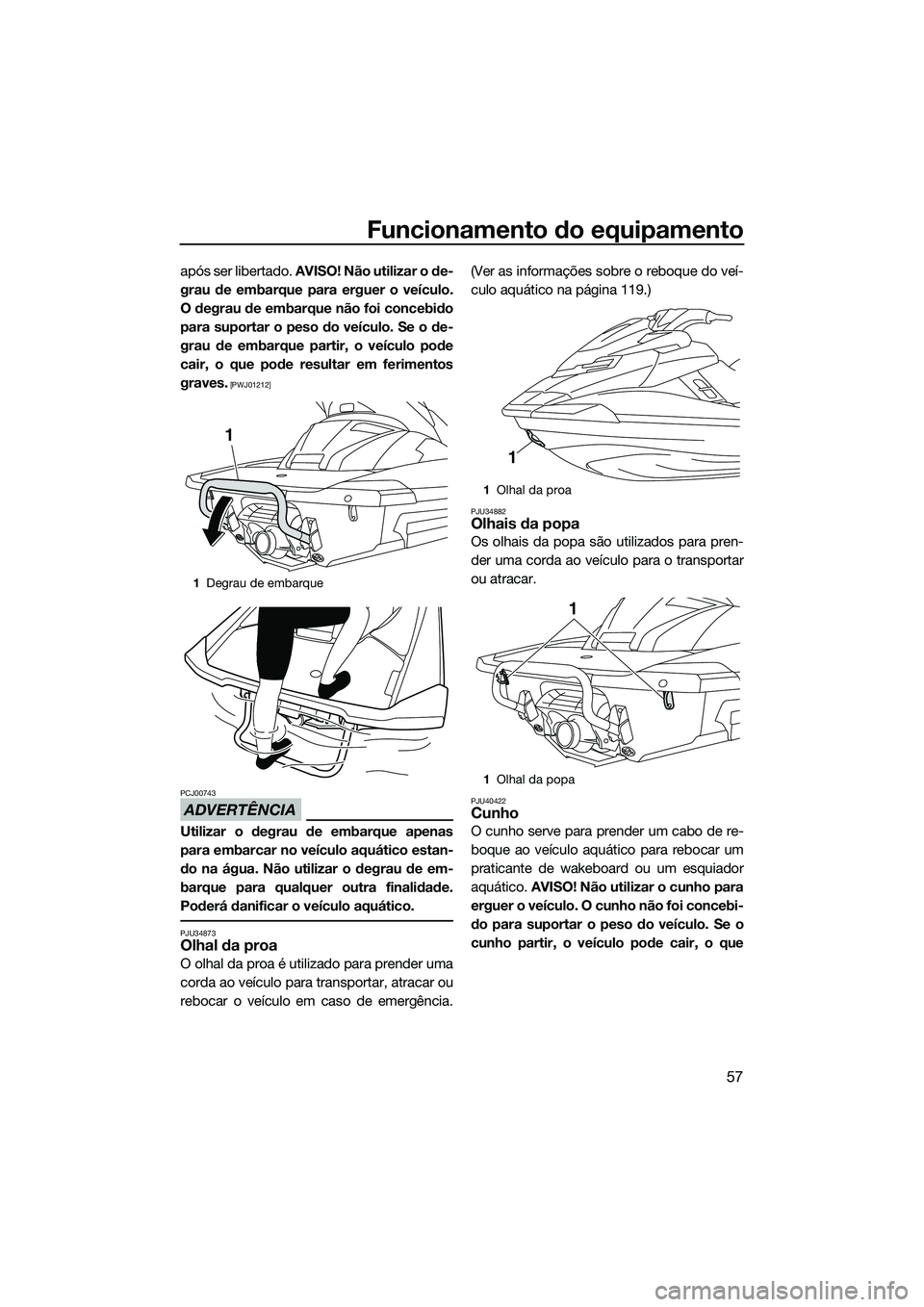 YAMAHA FX HO CRUISER 2015  Manual de utilização (in Portuguese) Funcionamento do equipamento
57
após ser libertado. AVISO! Não utilizar o de-
grau de embarque para erguer o veículo.
O degrau de embarque não foi concebido
para suportar o peso do veículo. Se o 