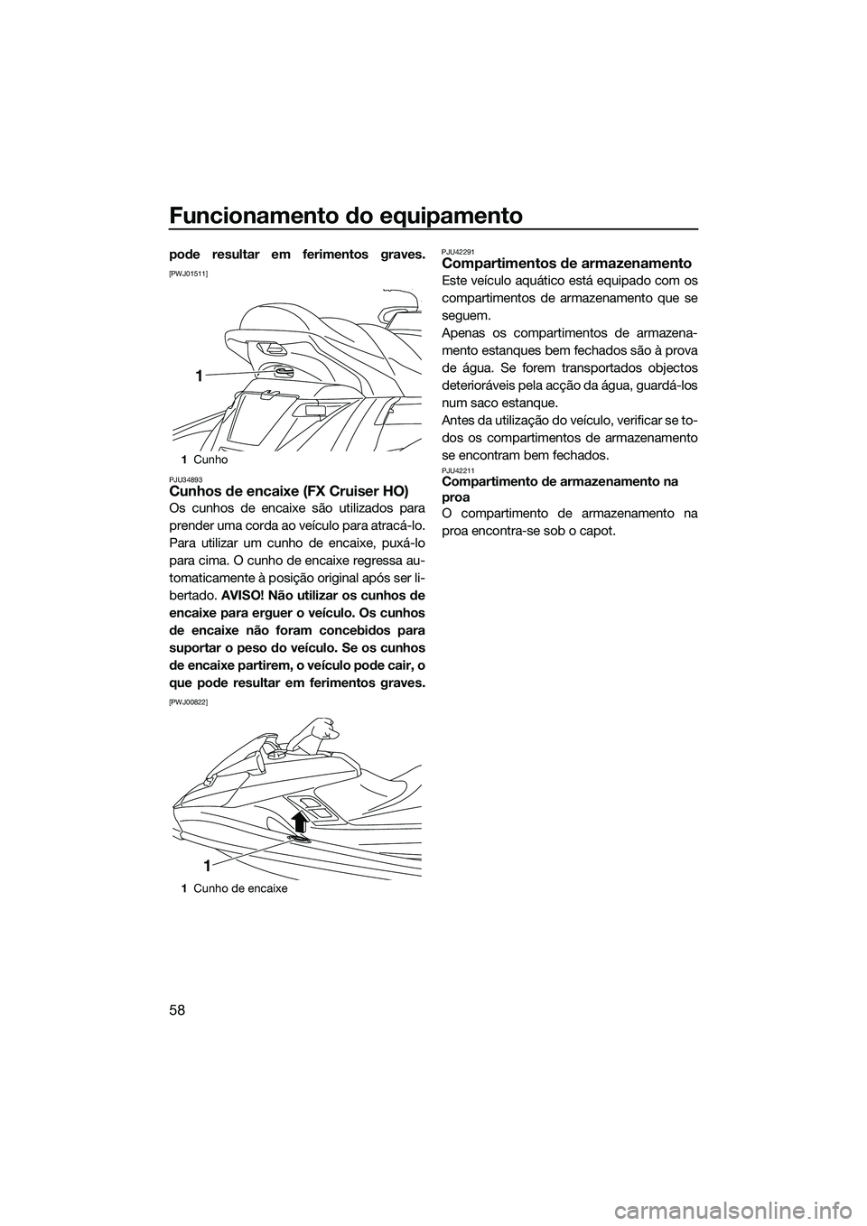 YAMAHA FX HO CRUISER 2015  Manual de utilização (in Portuguese) Funcionamento do equipamento
58
pode resultar em ferimentos graves.
[PWJ01511]
PJU34893
Cunhos de encaixe (FX Cruiser HO)
Os cunhos de encaixe são utilizados para
prender uma corda ao veículo para a