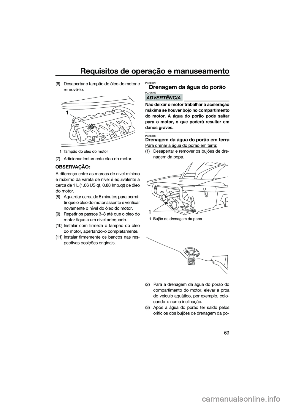 YAMAHA FX HO 2015 Manual de utilização (in Portuguese) Requisitos de operação e manuseamento
69
(6) Desapertar o tampão do óleo do motor eremovê-lo.
(7) Adicionar lentamente óleo do motor.
OBSERVAÇÃO:
A diferença entre as marcas de nível mínimo YAMAHA FX HO 2015 Manual de utilização (in Portuguese) Requisitos de operação e manuseamento
69
(6) Desapertar o tampão do óleo do motor eremovê-lo.
(7) Adicionar lentamente óleo do motor.
OBSERVAÇÃO:
A diferença entre as marcas de nível mínimo