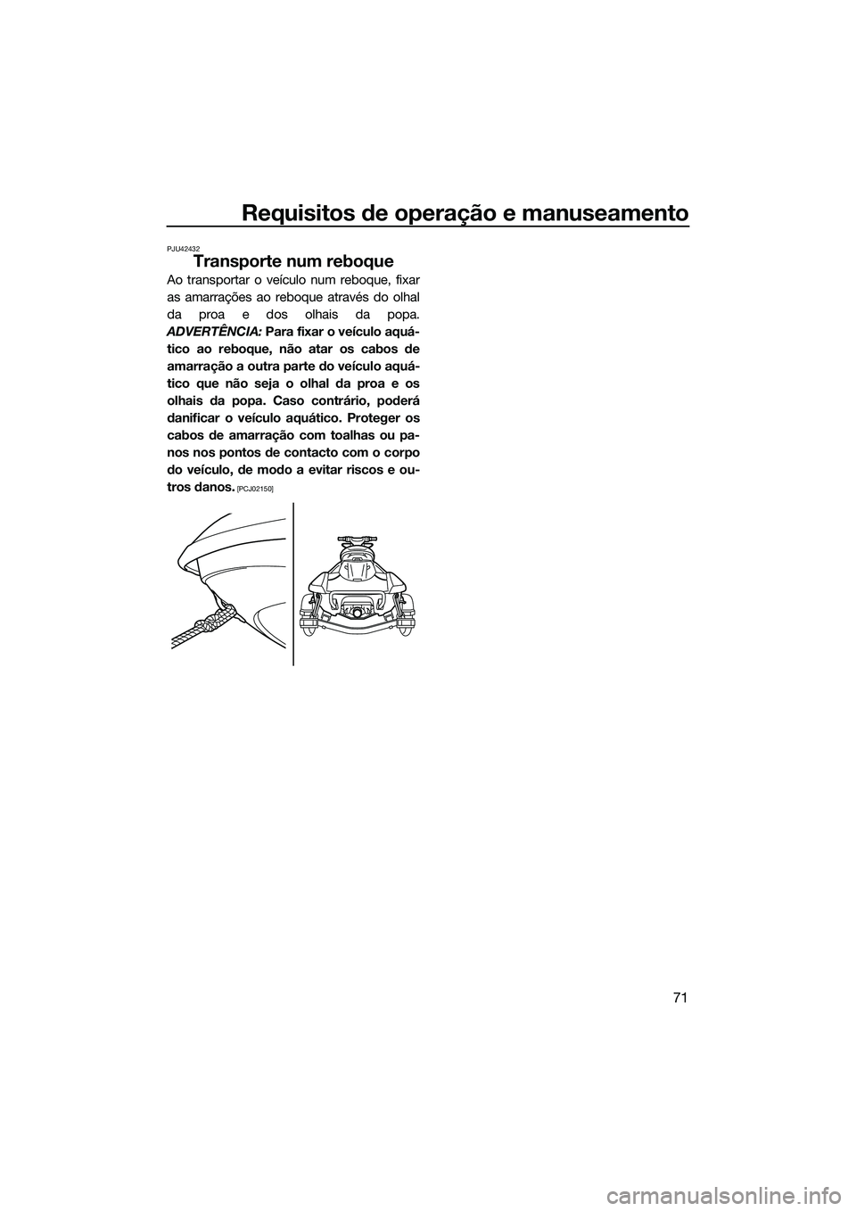 YAMAHA FX HO 2015 Manual de utilização (in Portuguese) Requisitos de operação e manuseamento
71
PJU42432
Transporte num reboque
Ao transportar o veículo num reboque, fixar
as amarrações ao reboque através do olhal
da proa e dos olhais da popa.
ADVER YAMAHA FX HO 2015 Manual de utilização (in Portuguese) Requisitos de operação e manuseamento
71
PJU42432
Transporte num reboque
Ao transportar o veículo num reboque, fixar
as amarrações ao reboque através do olhal
da proa e dos olhais da popa.
ADVER