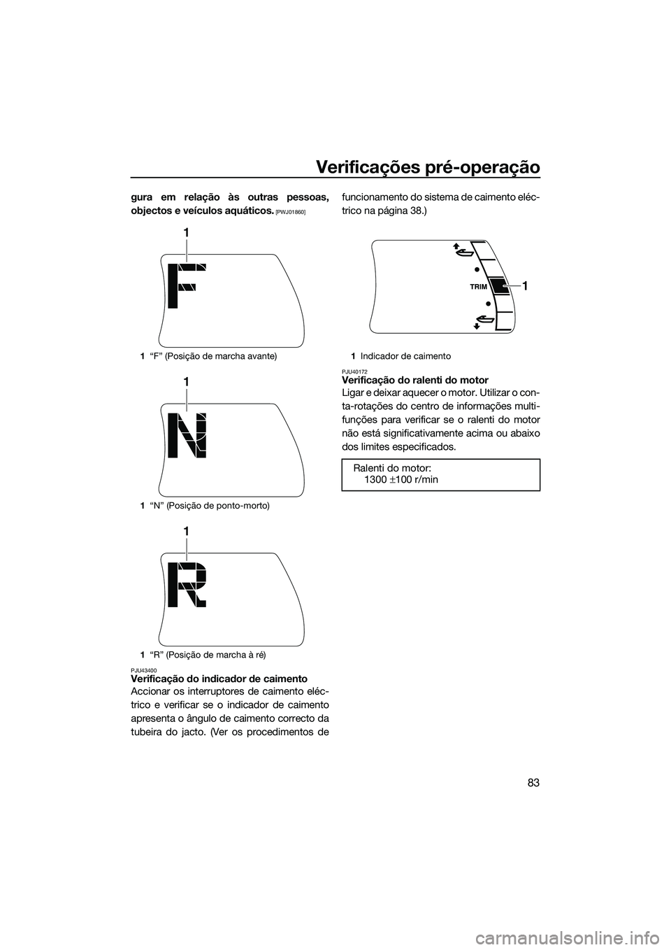 YAMAHA FX HO 2015  Manual de utilização (in Portuguese) Verificações pré-operação
83
gura em relação às outras pessoas,
objectos e veículos aquáticos.
 [PWJ01860]
PJU43400
Verificação do indicador de caimento
Accionar os interruptores de caimen