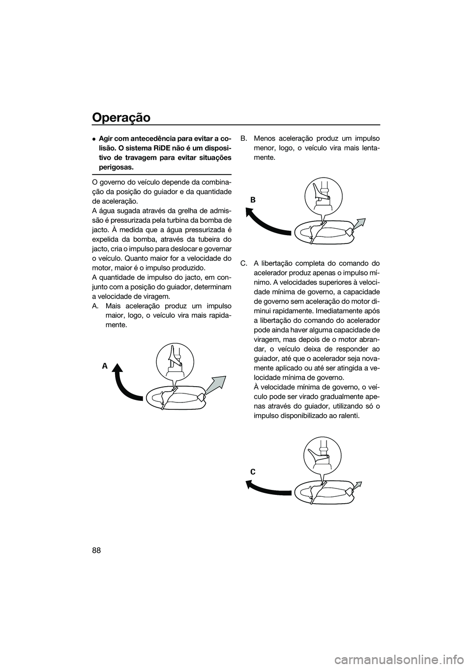 YAMAHA FX HO 2015 Manual de utilização (in Portuguese) Operação
88
Agir com antecedência para evitar a co-
lisão. O sistema RiDE não é um disposi-
tivo de travagem para evitar situações
perigosas.
O governo do veículo depende da combina-
ção YAMAHA FX HO 2015 Manual de utilização (in Portuguese) Operação
88
Agir com antecedência para evitar a co-
lisão. O sistema RiDE não é um disposi-
tivo de travagem para evitar situações
perigosas.
O governo do veículo depende da combina-
ção