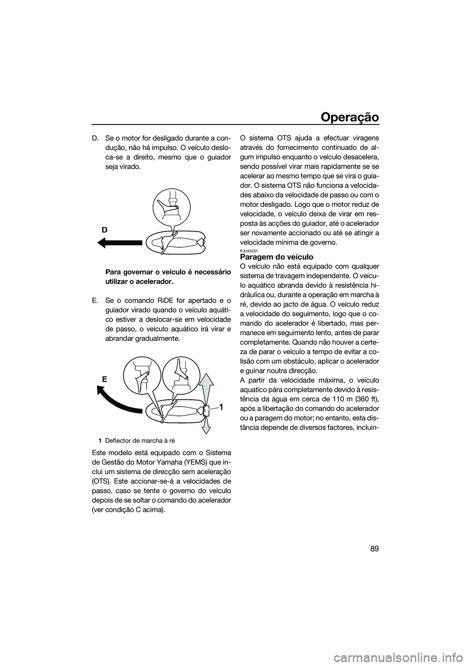 YAMAHA FX HO 2015 Manual de utilização (in Portuguese) Operação
89
D. Se o motor for desligado durante a con-dução, não há impulso. O veículo deslo-
ca-se a direito, mesmo que o guiador
seja virado.
Para governar o veículo é necessário
utilizar YAMAHA FX HO 2015 Manual de utilização (in Portuguese) Operação
89
D. Se o motor for desligado durante a con-dução, não há impulso. O veículo deslo-
ca-se a direito, mesmo que o guiador
seja virado.
Para governar o veículo é necessário
utilizar