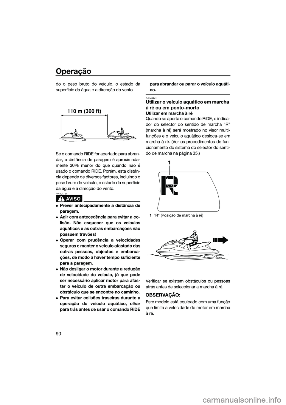 YAMAHA FX HO 2015 Manual de utilização (in Portuguese) Operação
90
do o peso bruto do veículo, o estado da
superfície da água e a direcção do vento.
Se o comando RiDE for apertado para abran-
dar, a distância de paragem é aproximada-
mente 30% me YAMAHA FX HO 2015 Manual de utilização (in Portuguese) Operação
90
do o peso bruto do veículo, o estado da
superfície da água e a direcção do vento.
Se o comando RiDE for apertado para abran-
dar, a distância de paragem é aproximada-
mente 30% me