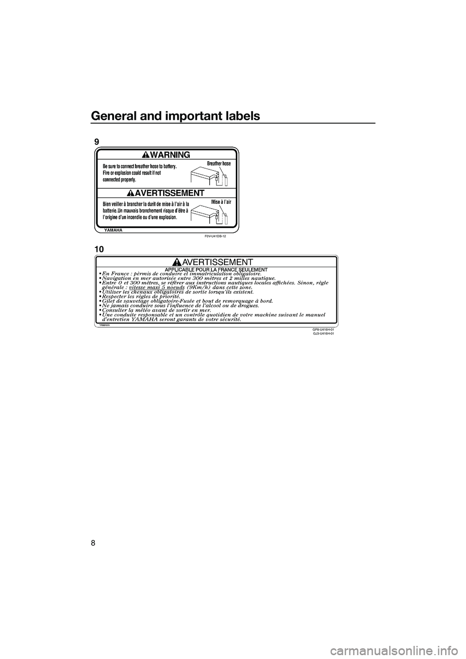YAMAHA FX HO CRUISER 2014 User Guide General and important labels
8
F0V-U41DB-12GP8-U416H-01 GJ3-U416H-01
9
10
UF2T72E0.book  Page 8  Monday, July 22, 2013  2:26 PM 