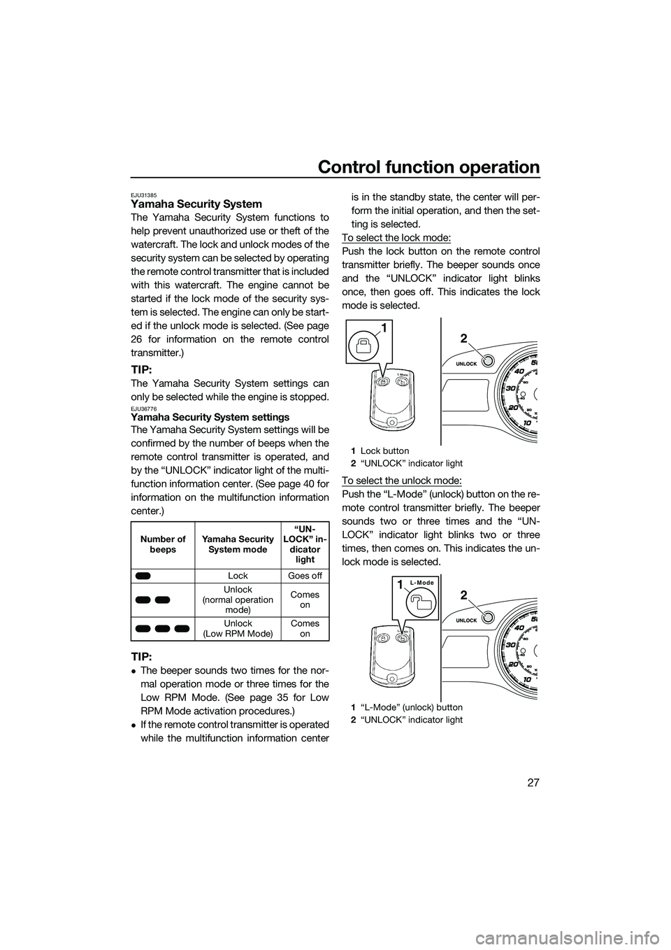 YAMAHA FX HO 2014 Owners Guide Control function operation
27
EJU31385Yamaha Security System
The Yamaha Security System functions to
help prevent unauthorized use or theft of the
watercraft. The lock and unlock modes of the
security