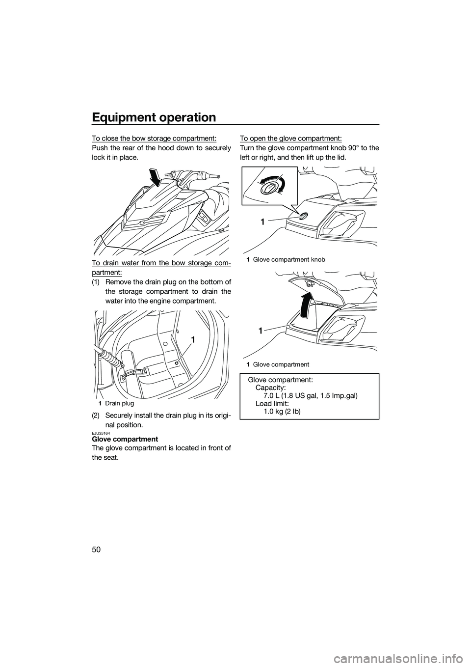 YAMAHA FX HO CRUISER 2014 Workshop Manual Equipment operation
50
To close the bow storage compartment:
Push the rear of the hood down to securely
lock it in place.
To drain water from the bow storage com-
partment:
(1) Remove the drain plug o