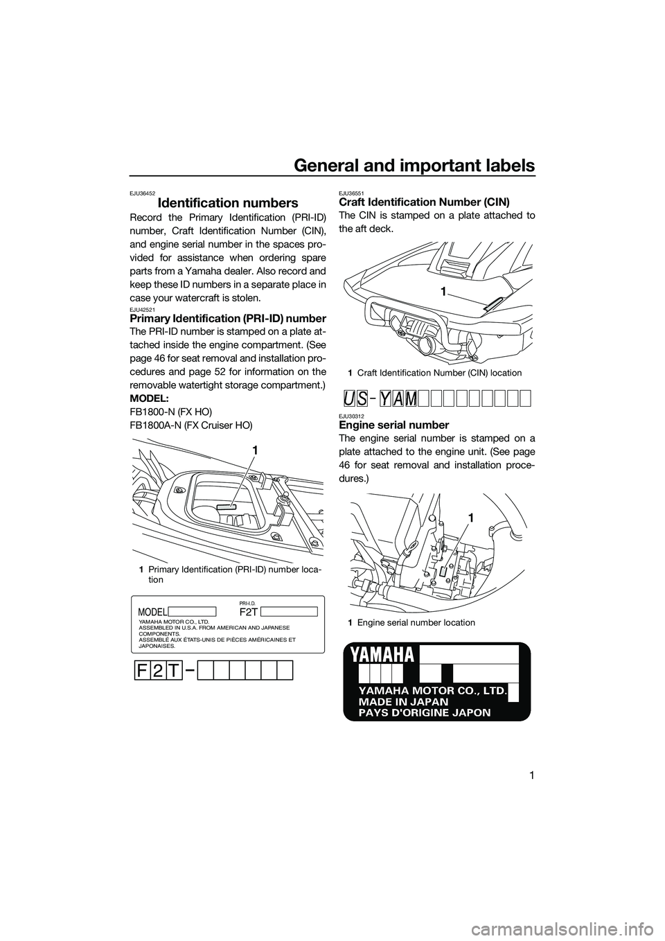 YAMAHA FX HO CRUISER 2014 Owners Manual General and important labels
1
EJU36452
Identification numbers
Record the Primary Identification (PRI-ID)
number, Craft Identification Number (CIN),
and engine serial number in the spaces pro-
vided f YAMAHA FX HO CRUISER 2014 Owners Manual General and important labels
1
EJU36452
Identification numbers
Record the Primary Identification (PRI-ID)
number, Craft Identification Number (CIN),
and engine serial number in the spaces pro-
vided f