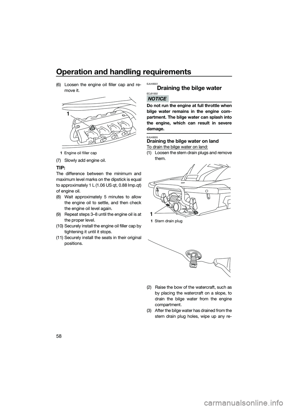 YAMAHA FX HO 2014 Repair Manual Operation and handling requirements
58
(6) Loosen the engine oil filler cap and re-move it.
(7) Slowly add engine oil.
TIP:
The difference between the minimum and
maximum level marks on the dipstick i