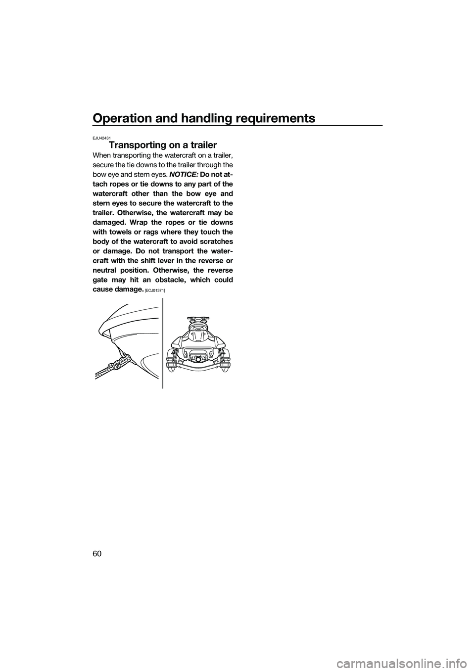 YAMAHA FX HO 2014 Repair Manual Operation and handling requirements
60
EJU42431
Transporting on a trailer
When transporting the watercraft on a trailer,
secure the tie downs to the trailer through the
bow eye and stern eyes. NOTICE: