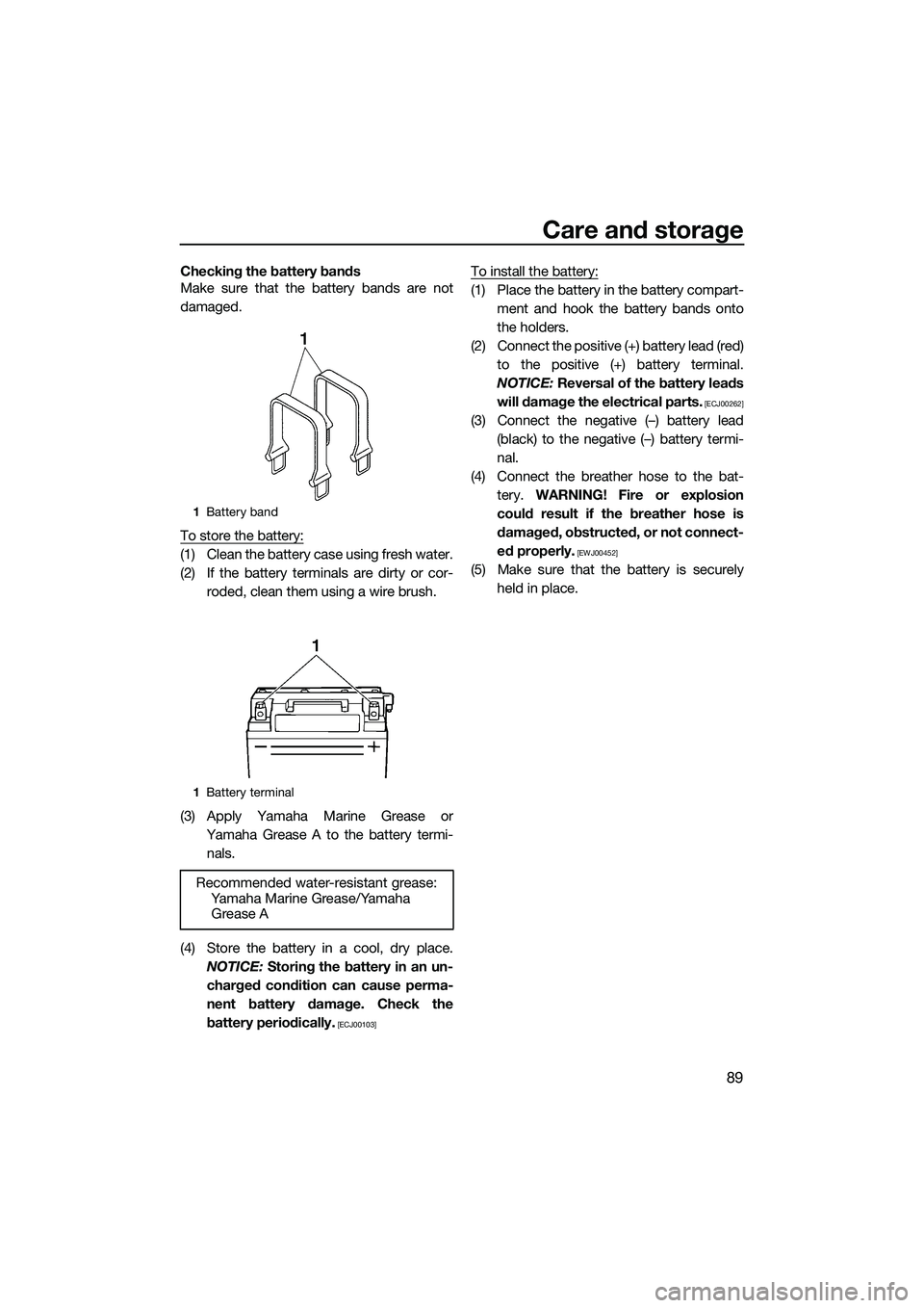 YAMAHA FX HO 2014 Owners Manual Care and storage
89
Checking the battery bands
Make sure that the battery bands are not
damaged.
To store the battery:
(1) Clean the battery case using fresh water.
(2) If the battery terminals are di YAMAHA FX HO 2014 Owners Manual Care and storage
89
Checking the battery bands
Make sure that the battery bands are not
damaged.
To store the battery:
(1) Clean the battery case using fresh water.
(2) If the battery terminals are di