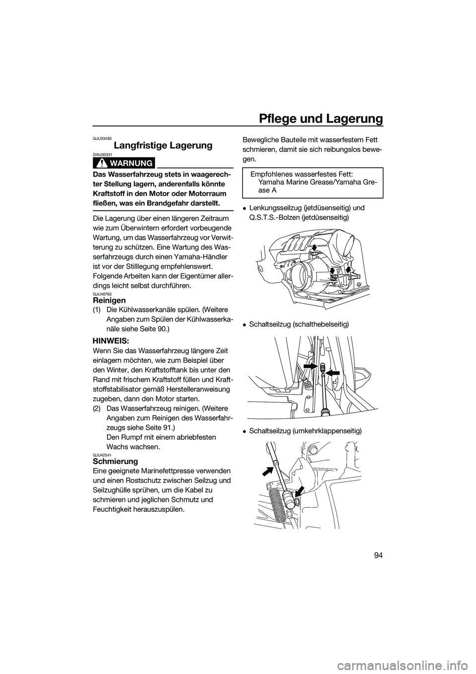YAMAHA FX HO 2014  Betriebsanleitungen (in German) Pflege und Lagerung
94
GJU33493
Langfristige Lagerung
WARNUNG
GWJ00331
Das Wasserfahrzeug stets in waagerech-
ter Stellung lagern, anderenfalls könnte 
Kraftstoff in den Motor oder Motorraum 
fließe