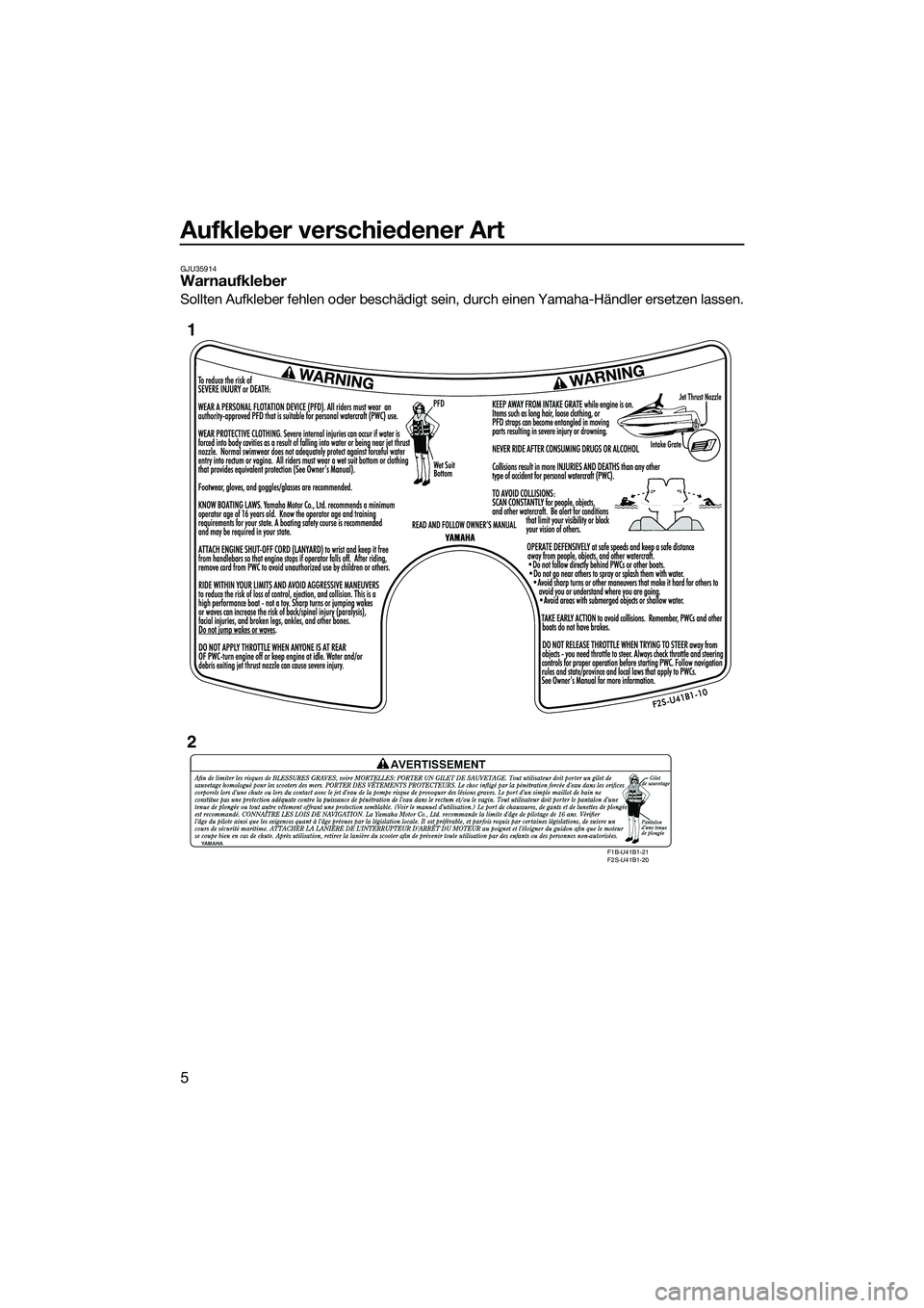 YAMAHA FX HO 2014  Betriebsanleitungen (in German) Aufkleber verschiedener Art
5
GJU35914Warnaufkleber
Sollten Aufkleber fehlen oder beschädigt sein, durch einen Yamaha-Händler ersetzen lassen.
F1B-U41B1-21 
F2S-U41B1-20
1
2
UF2T72G0.book  Page 5  M