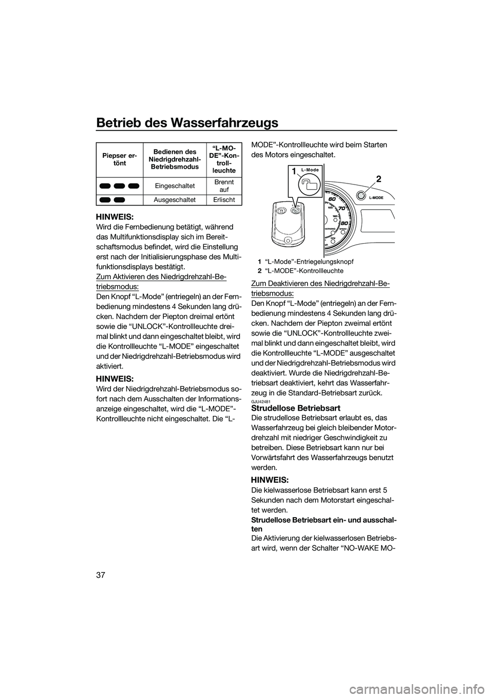 YAMAHA FX HO 2014 Betriebsanleitungen (in German) Betrieb des Wasserfahrzeugs
37
HINWEIS:
Wird die Fernbedienung betätigt, während
das Multifunktionsdisplay sich im Bereit-
schaftsmodus befindet, wird die Einstellung
erst nach der Initialisierung YAMAHA FX HO 2014 Betriebsanleitungen (in German) Betrieb des Wasserfahrzeugs
37
HINWEIS:
Wird die Fernbedienung betätigt, während
das Multifunktionsdisplay sich im Bereit-
schaftsmodus befindet, wird die Einstellung
erst nach der Initialisierung