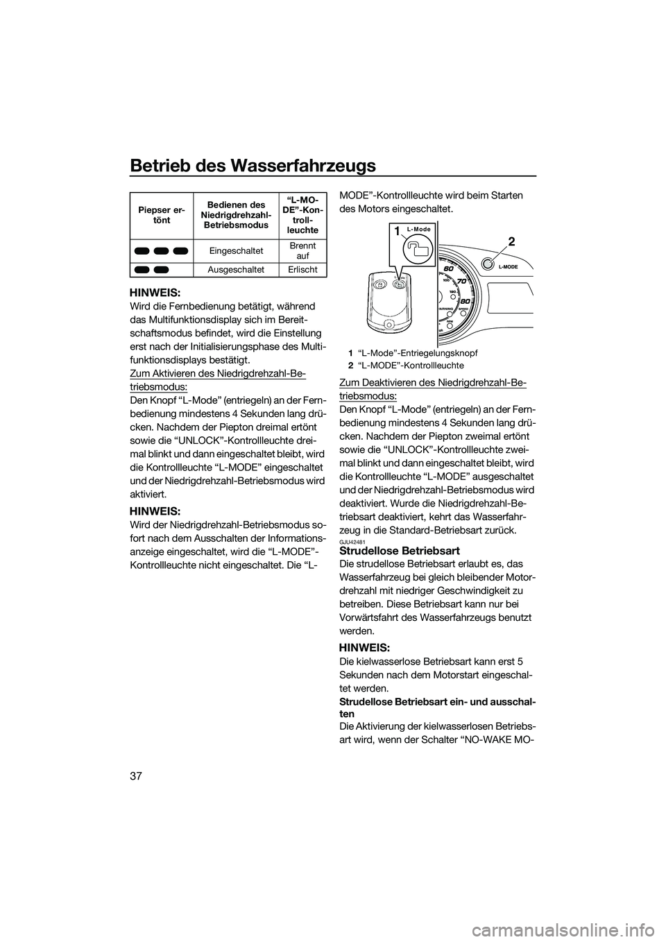 YAMAHA FX HO 2014  Betriebsanleitungen (in German) Betrieb des Wasserfahrzeugs
37
HINWEIS:
Wird die Fernbedienung betätigt, während 
das Multifunktionsdisplay sich im Bereit-
schaftsmodus befindet, wird die Einstellung 
erst nach der Initialisierung