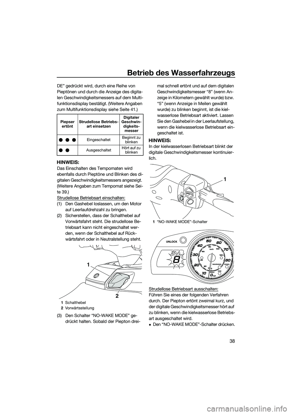 YAMAHA FX HO 2014 Betriebsanleitungen (in German) Betrieb des Wasserfahrzeugs
38
DE” gedrückt wird, durch eine Reihe von
Pieptönen und durch die Anzeige des digita-
len Geschwindigkeitsmessers auf dem Multi-
funktionsdisplay bestätigt. (Weitere YAMAHA FX HO 2014 Betriebsanleitungen (in German) Betrieb des Wasserfahrzeugs
38
DE” gedrückt wird, durch eine Reihe von
Pieptönen und durch die Anzeige des digita-
len Geschwindigkeitsmessers auf dem Multi-
funktionsdisplay bestätigt. (Weitere