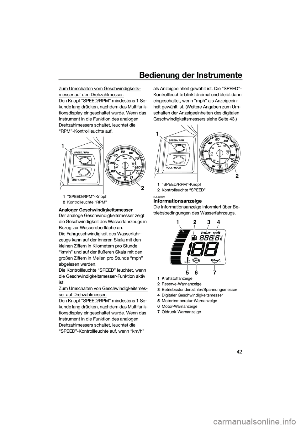YAMAHA FX HO 2014 Betriebsanleitungen (in German) Bedienung der Instrumente
42
Zum Umschalten vom Geschwindigkeits-
messer auf den Drehzahlmesser:
Den Knopf “SPEED/RPM” mindestens 1 Se-
kunde lang drücken, nachdem das Multifunk-
tionsdisplay ein YAMAHA FX HO 2014 Betriebsanleitungen (in German) Bedienung der Instrumente
42
Zum Umschalten vom Geschwindigkeits-
messer auf den Drehzahlmesser:
Den Knopf “SPEED/RPM” mindestens 1 Se-
kunde lang drücken, nachdem das Multifunk-
tionsdisplay ein