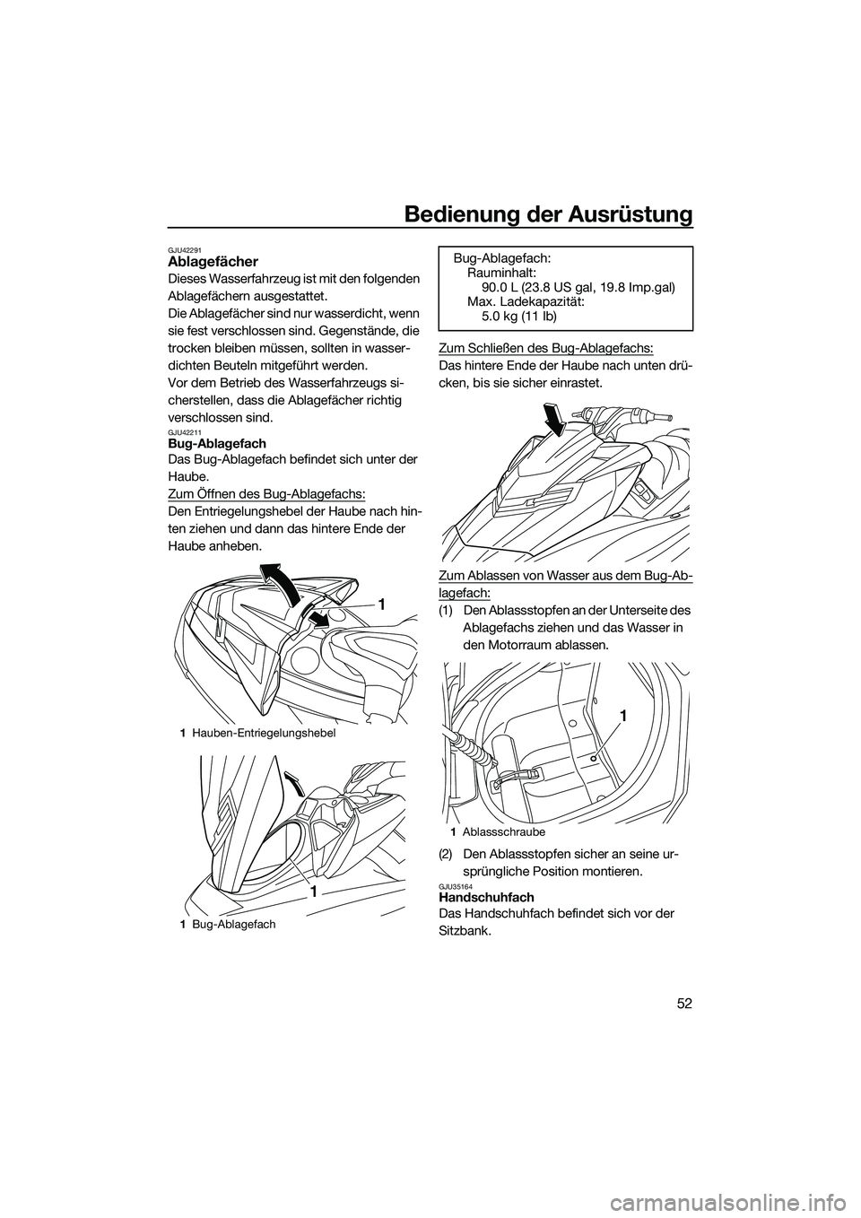 YAMAHA FX HO 2014  Betriebsanleitungen (in German) Bedienung der Ausrüstung
52
GJU42291Ablagefächer
Dieses Wasserfahrzeug ist mit den folgenden 
Ablagefächern ausgestattet.
Die Ablagefächer sind nur wasserdicht, wenn 
sie fest verschlossen sind. G